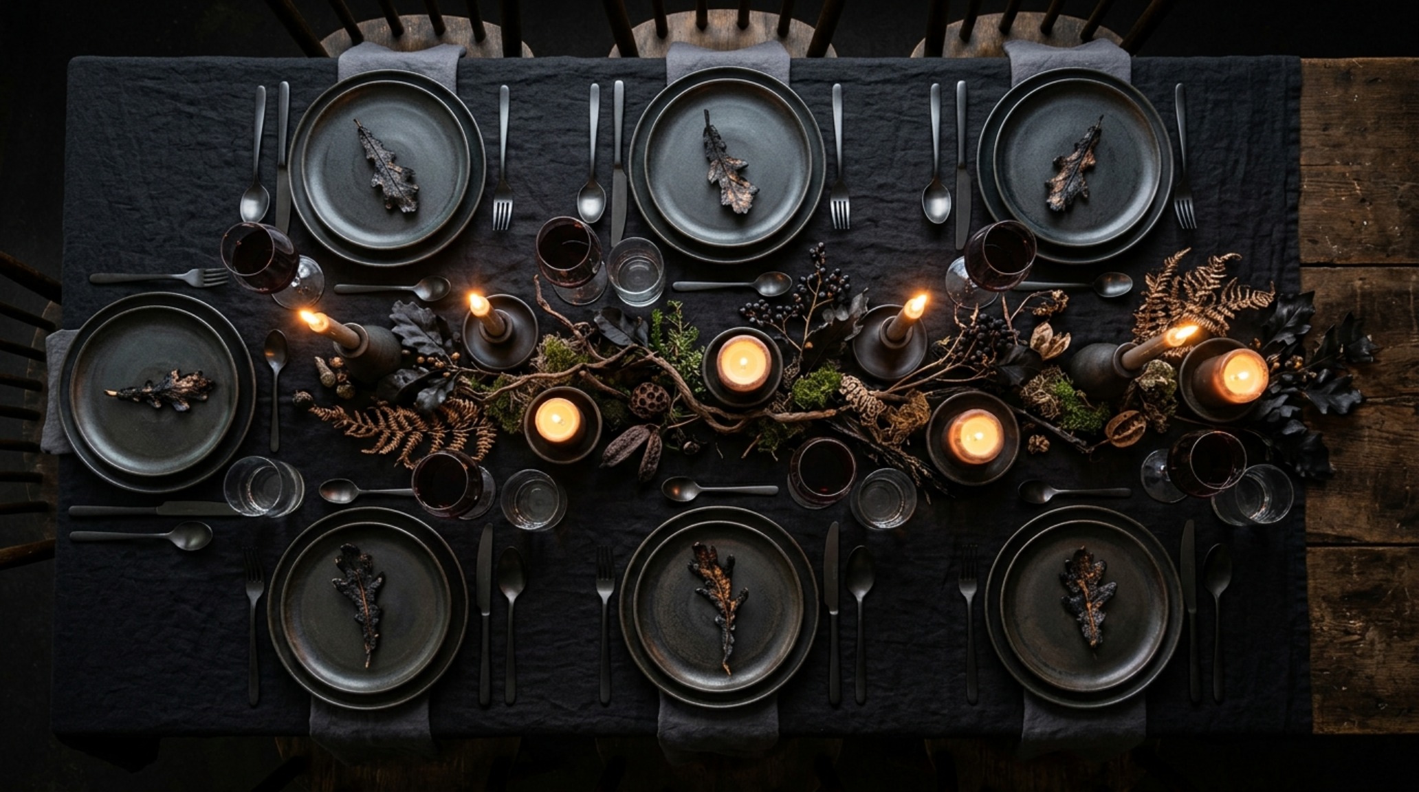 moody seasonal tablescapes highlighting the texture of raw linen and the glow of indirect LED lighting beneath a dark wood table