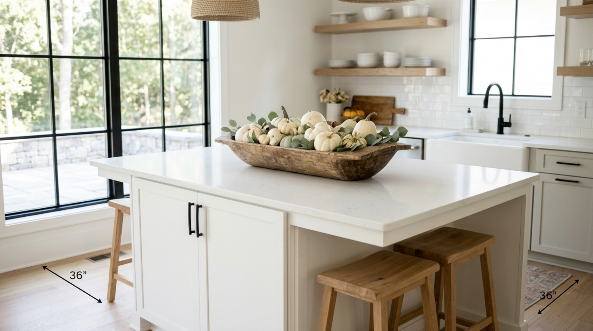 modern farmhouse halloween accents with a primitive wooden bowl and heirloom white pumpkins integrated into a clean kitchen island layout