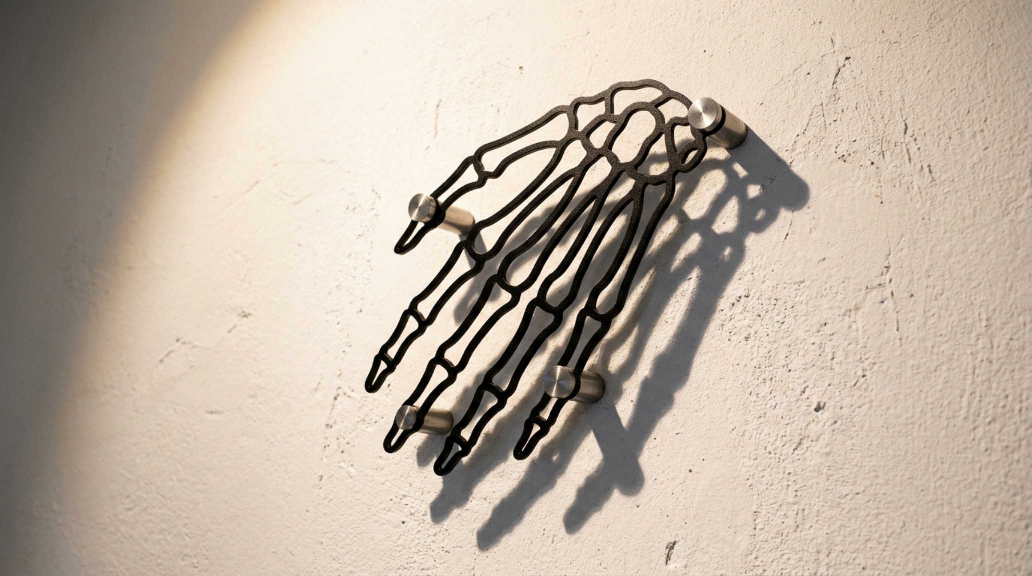 sophisticated indoor halloween displays using wall-mounted laser-cut metal anatomical art with deep shadow depth and smart 2700K directional lighting