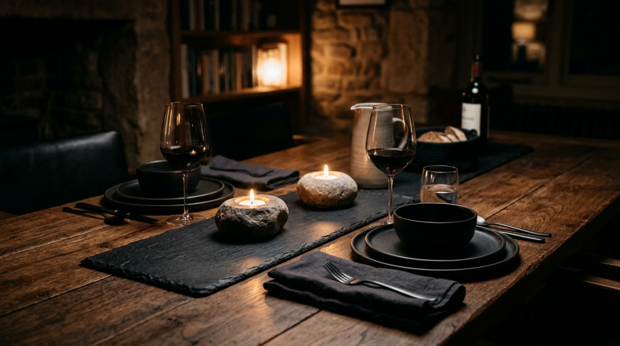 moody seasonal tablescapes with a black slate runner, raw stone tea light holders, and low-profile amber glass stemware for a modern dining experience