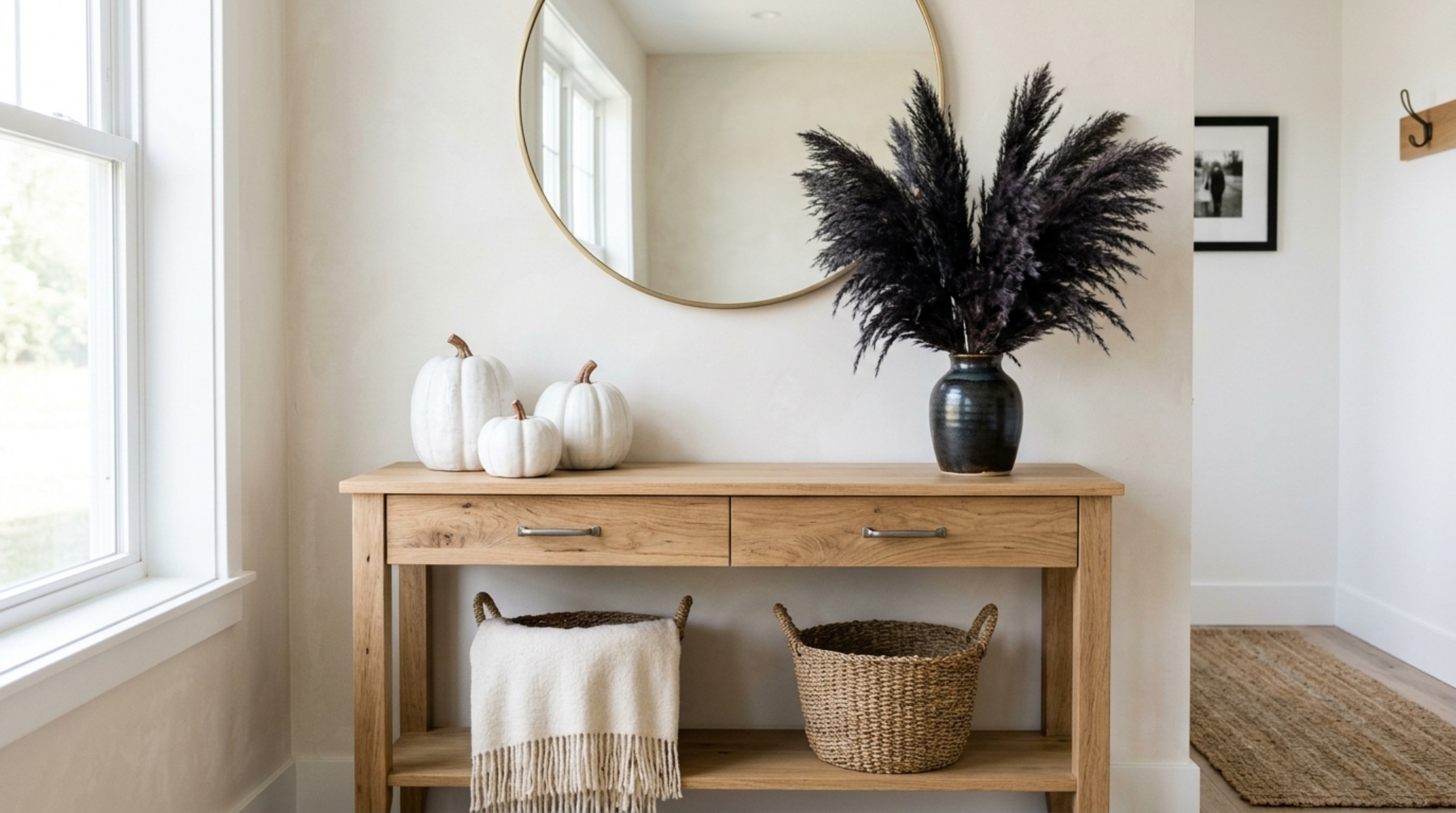 modern farmhouse halloween accents including hand-thrown white stoneware pumpkins and dried blackened pampas grass on a rustic oak console