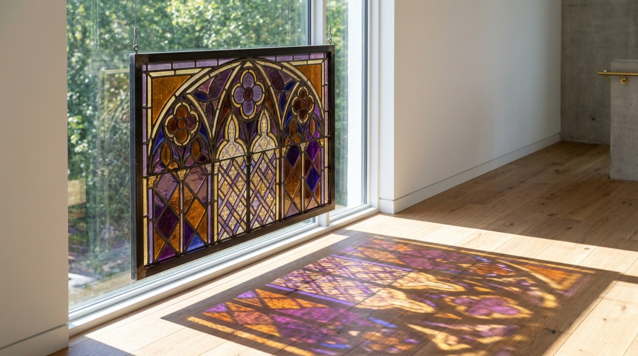 sophisticated indoor halloween displays of stained glass window hangings in deep amethyst casting spectral light onto a white oak floor