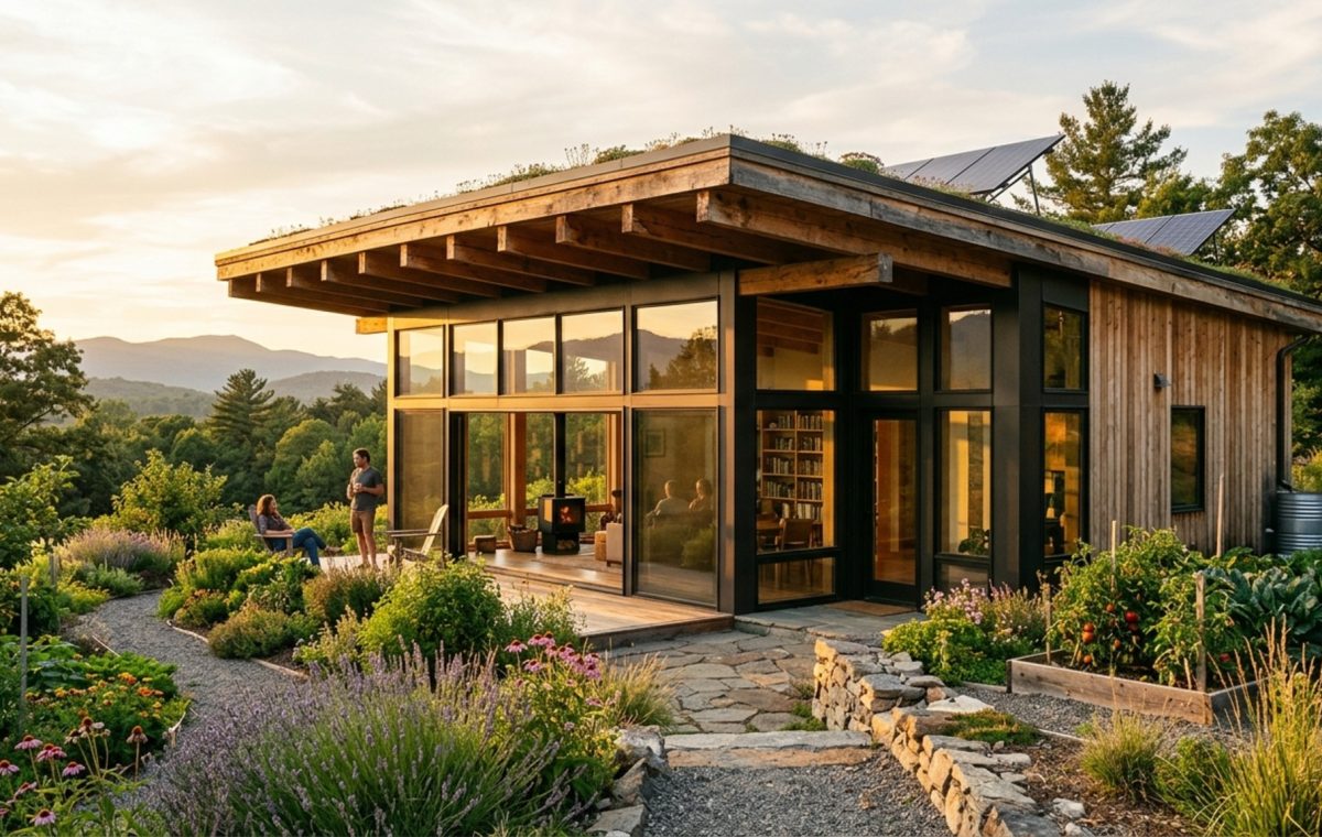 modern self sustaining homes ideas featuring a passive solar glass facade with 3-foot overhangs and a matte concrete thermal floor