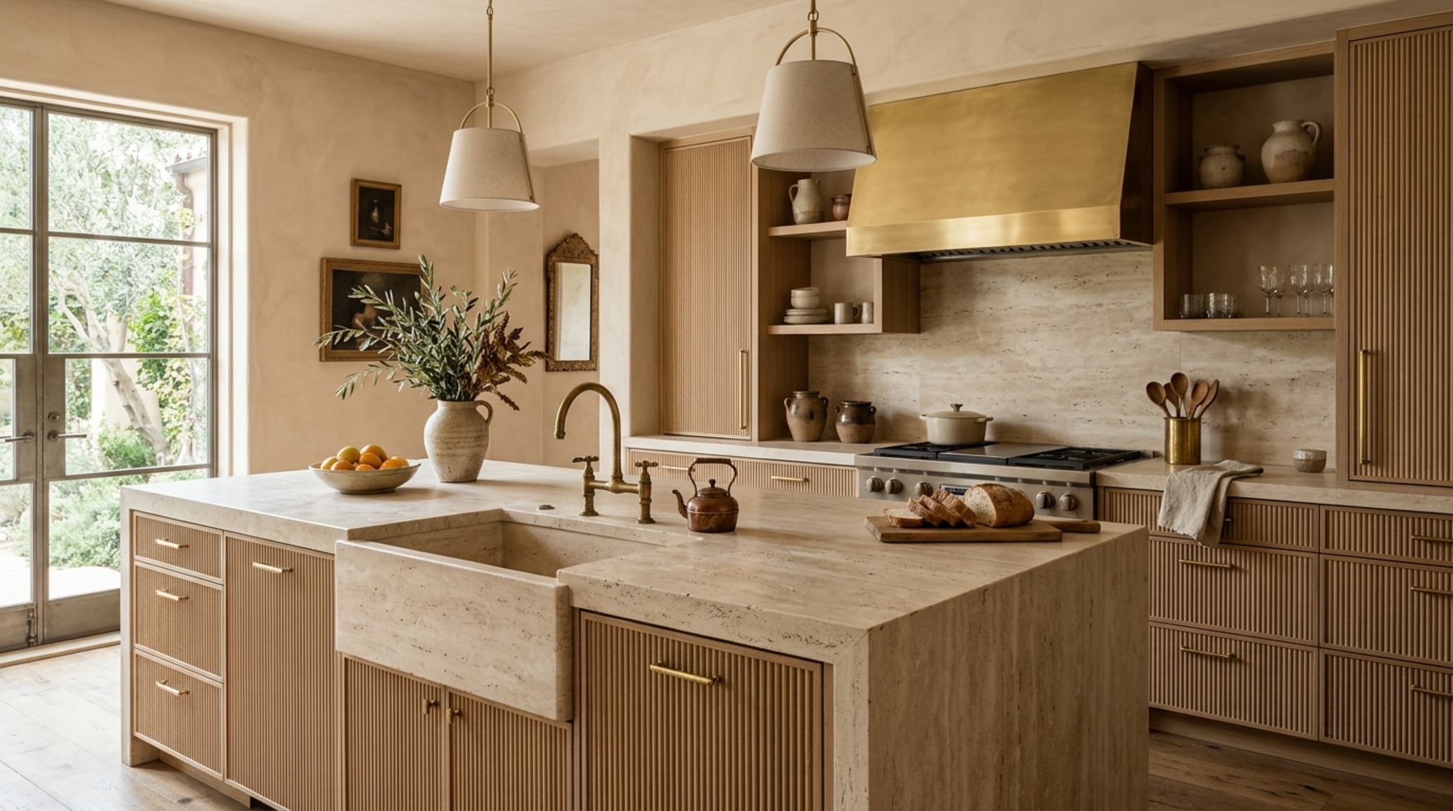 luxury self sustaining homes textures showcasing Roman Clay lime-wash walls and a honed travertine kitchen island with brass fixtures luxury self sustaining homes textures showcasing Roman Clay lime-wash walls and a honed travertine kitchen island with brass fixtures