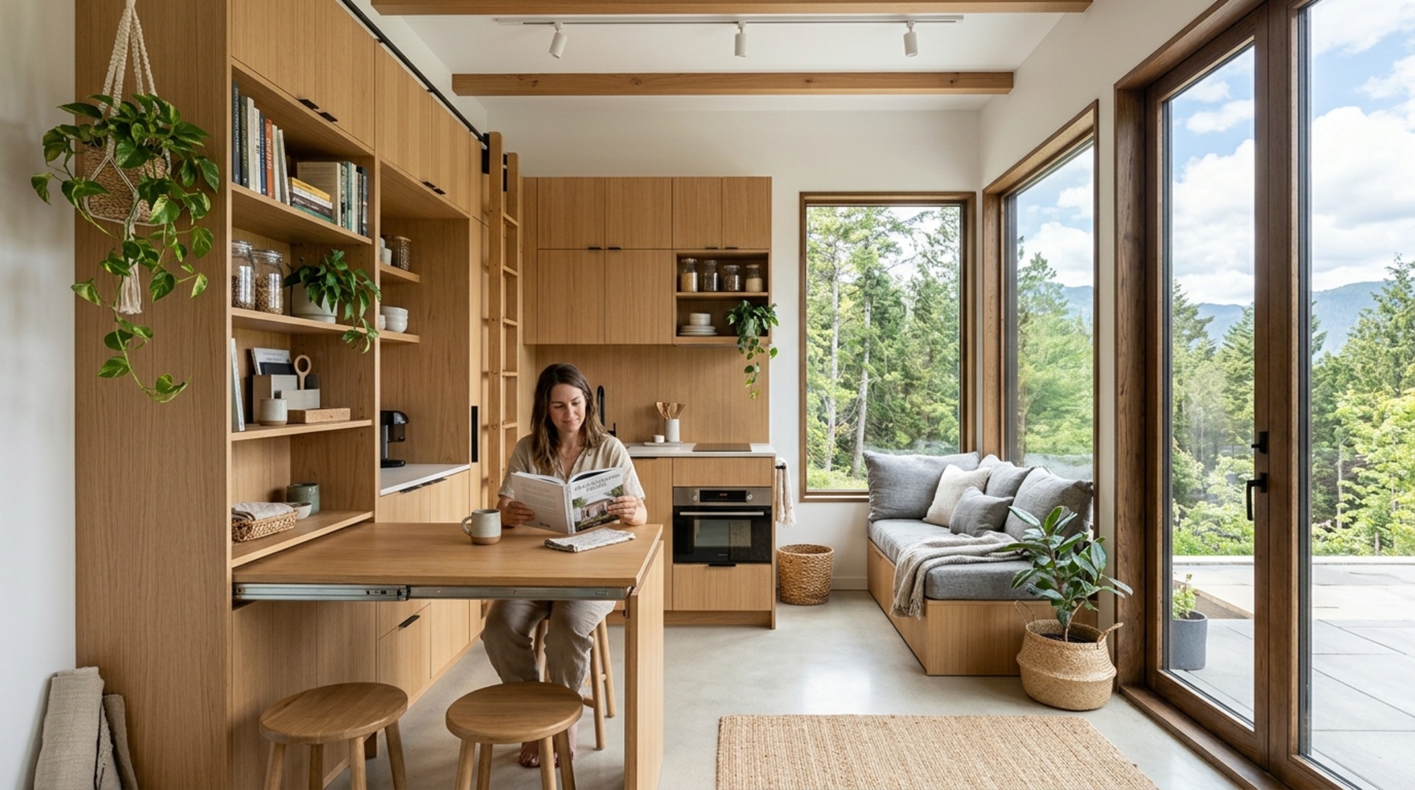 small space self sustaining homes with 15-inch deep floor-to-ceiling white oak cabinetry and integrated dual-purpose storage solutions small space self sustaining homes with 15-inch deep floor-to-ceiling white oak cabinetry and integrated dual-purpose storage solutions