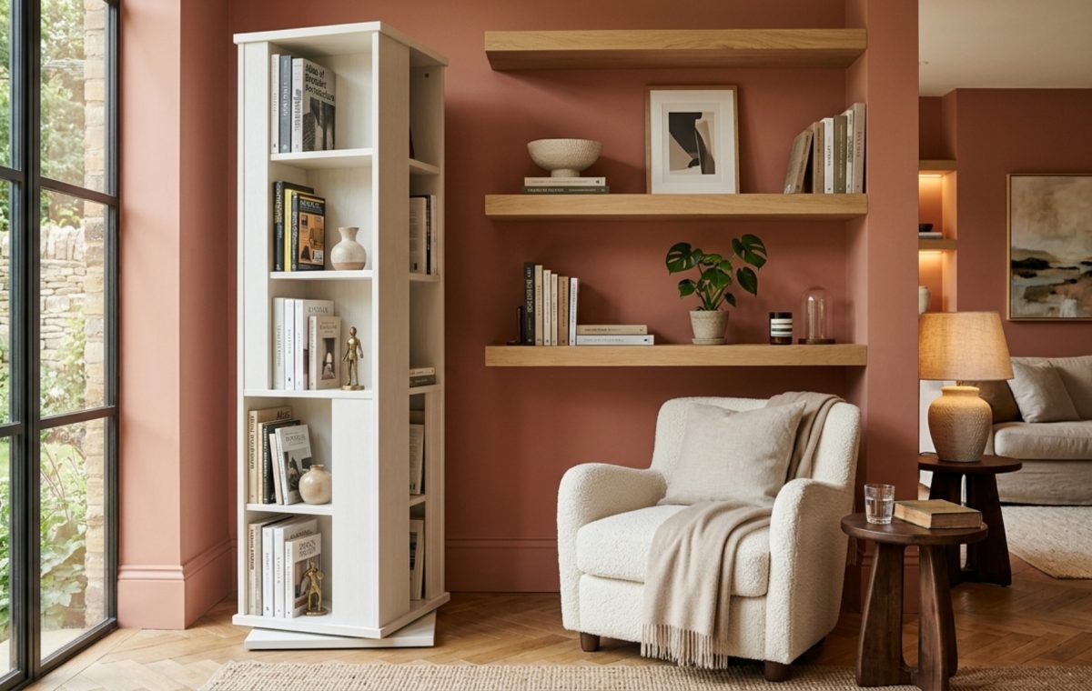 A sophisticated reading nook showcasing a white rotating bookshelf paired with asymmetrically styled wood wall shelves for living room storage and character.