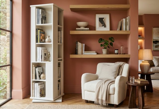 A sophisticated reading nook showcasing a white rotating bookshelf paired with asymmetrically styled wood wall shelves for living room storage and character.