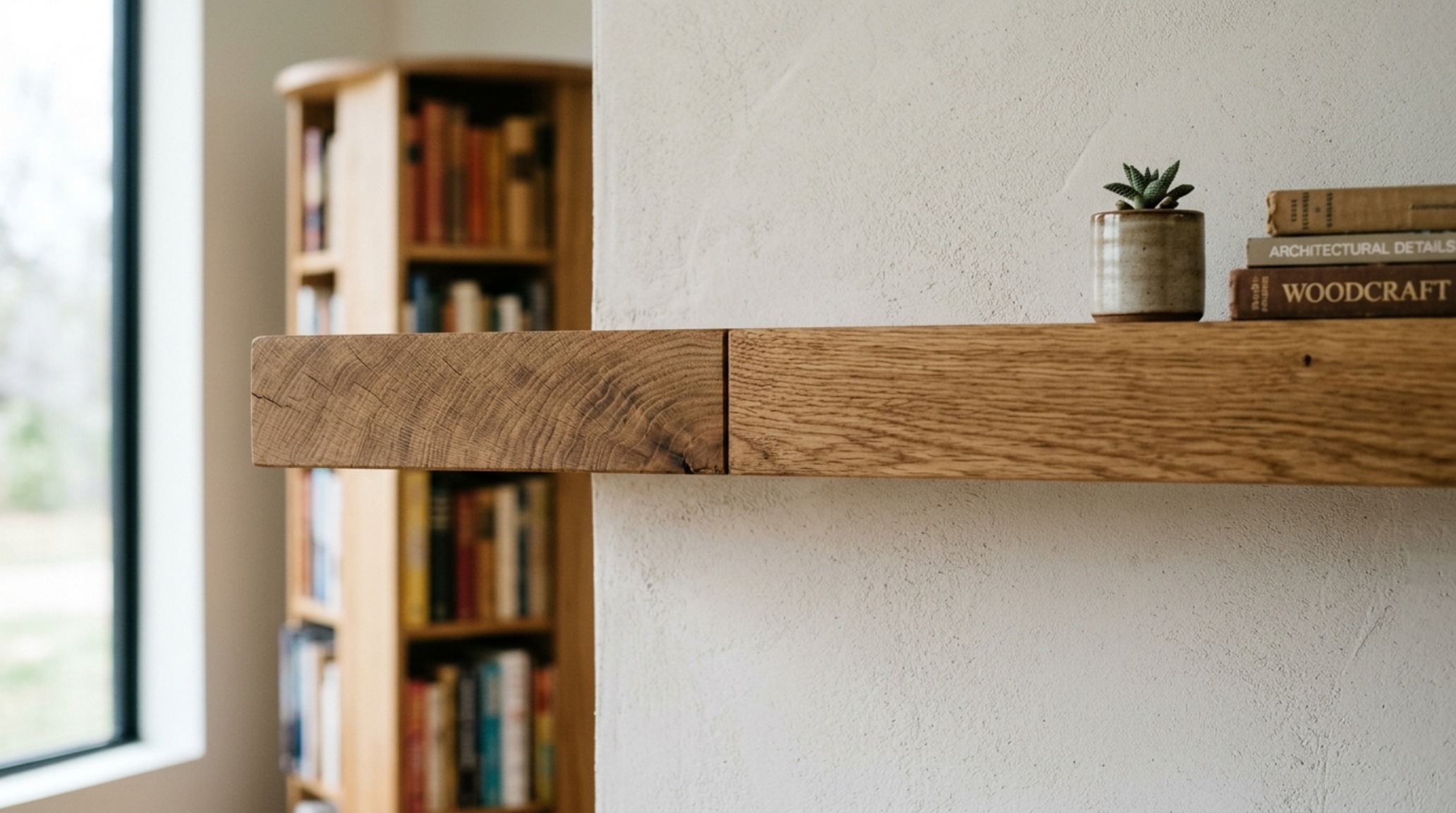 Spatial design layout demonstrating the 18-inch reach from a leather armchair to a floating shelf unit, integrating ergonomics with high-end aesthetics.