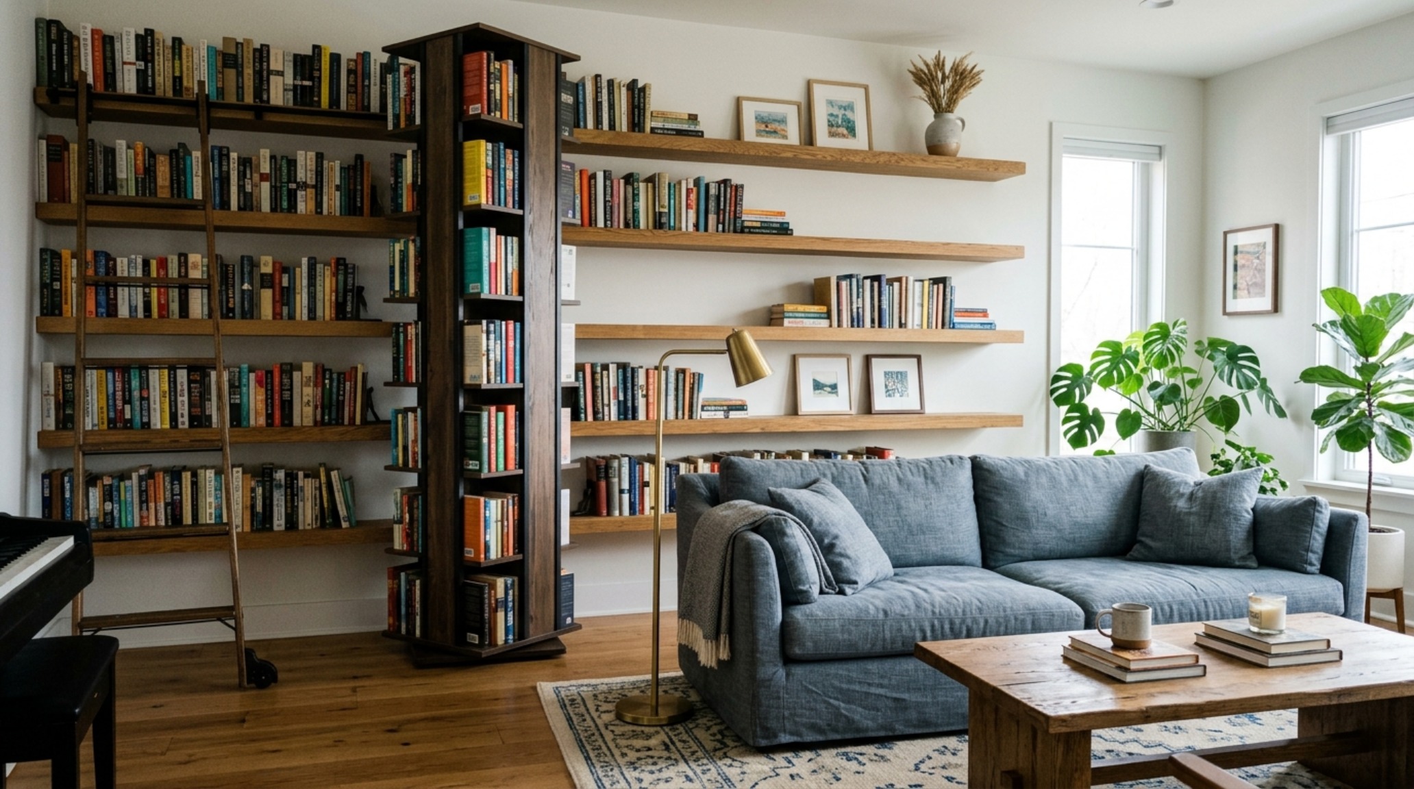 Living room floating shelves ideas for modern apartments, featuring a mix of horizontal timber lines and a vertical rotating library for visual balance.