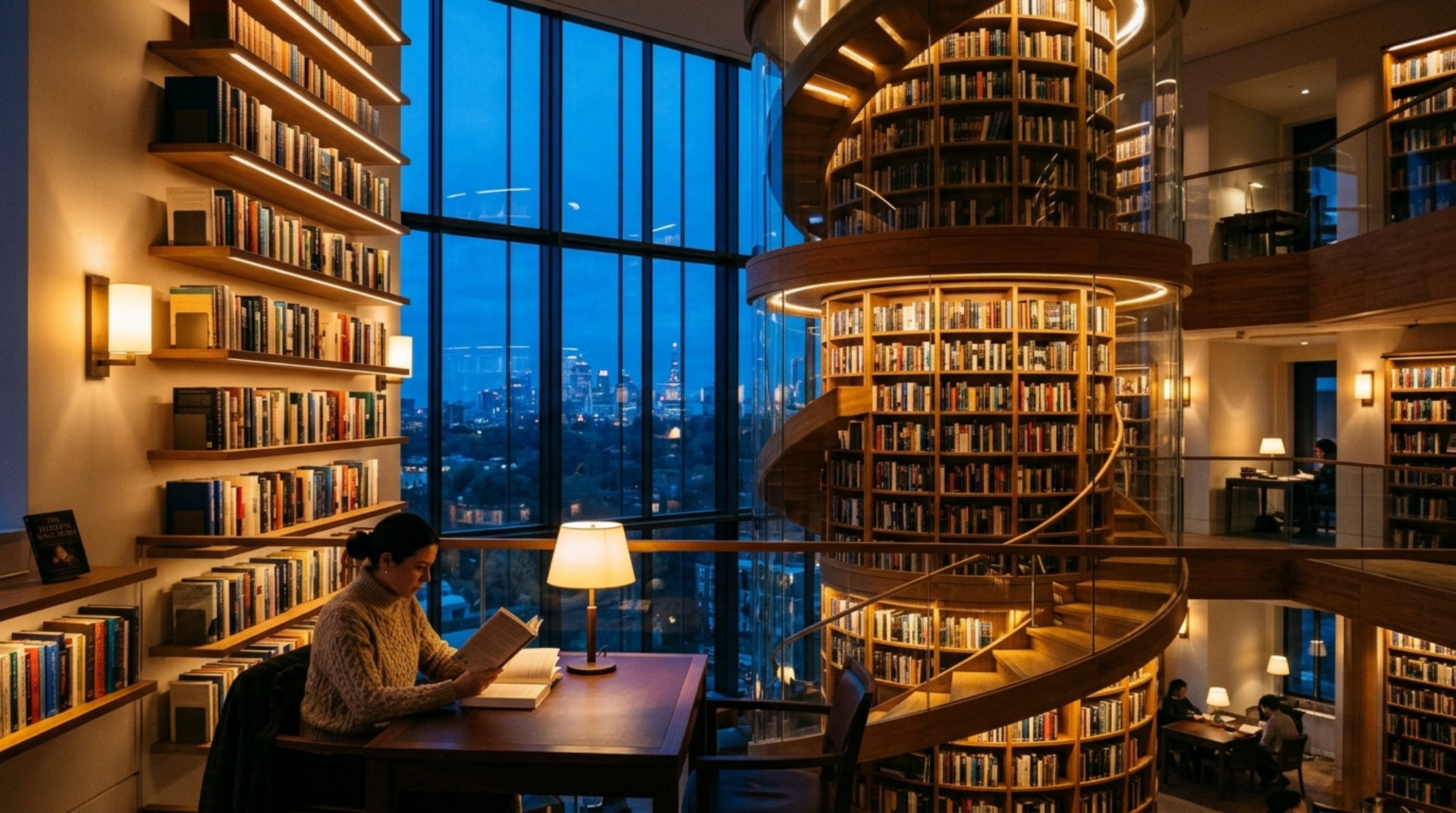 The final reflection of a well-balanced library corner where the rotating bookshelf's motion is grounded by the permanence of thick wood wall shelves.