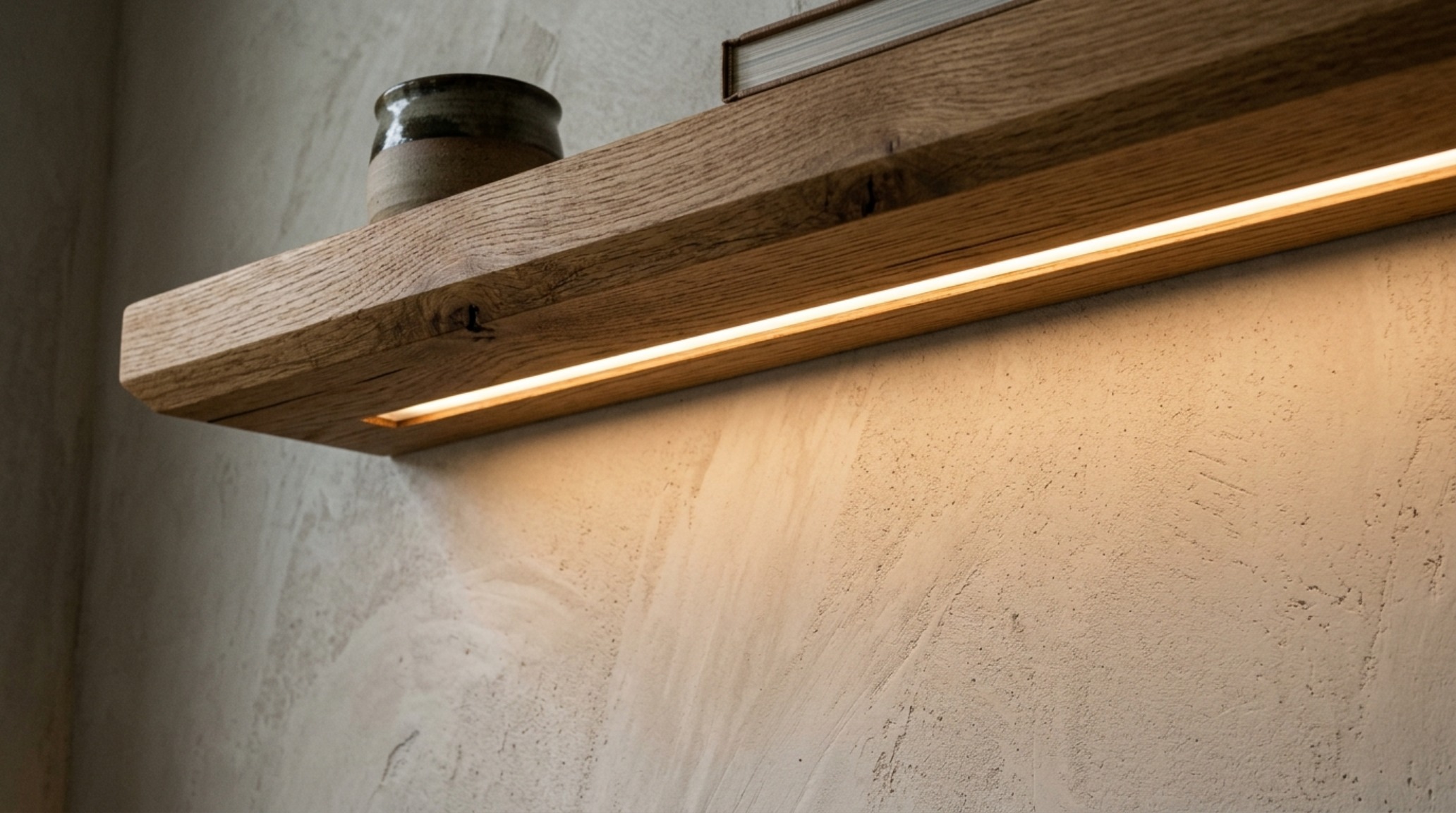 Atmospheric lighting detail showing 2700K LED strips recessed into timber floating shelves, casting a soft glow on Farrow and Ball Dead Salmon paint.