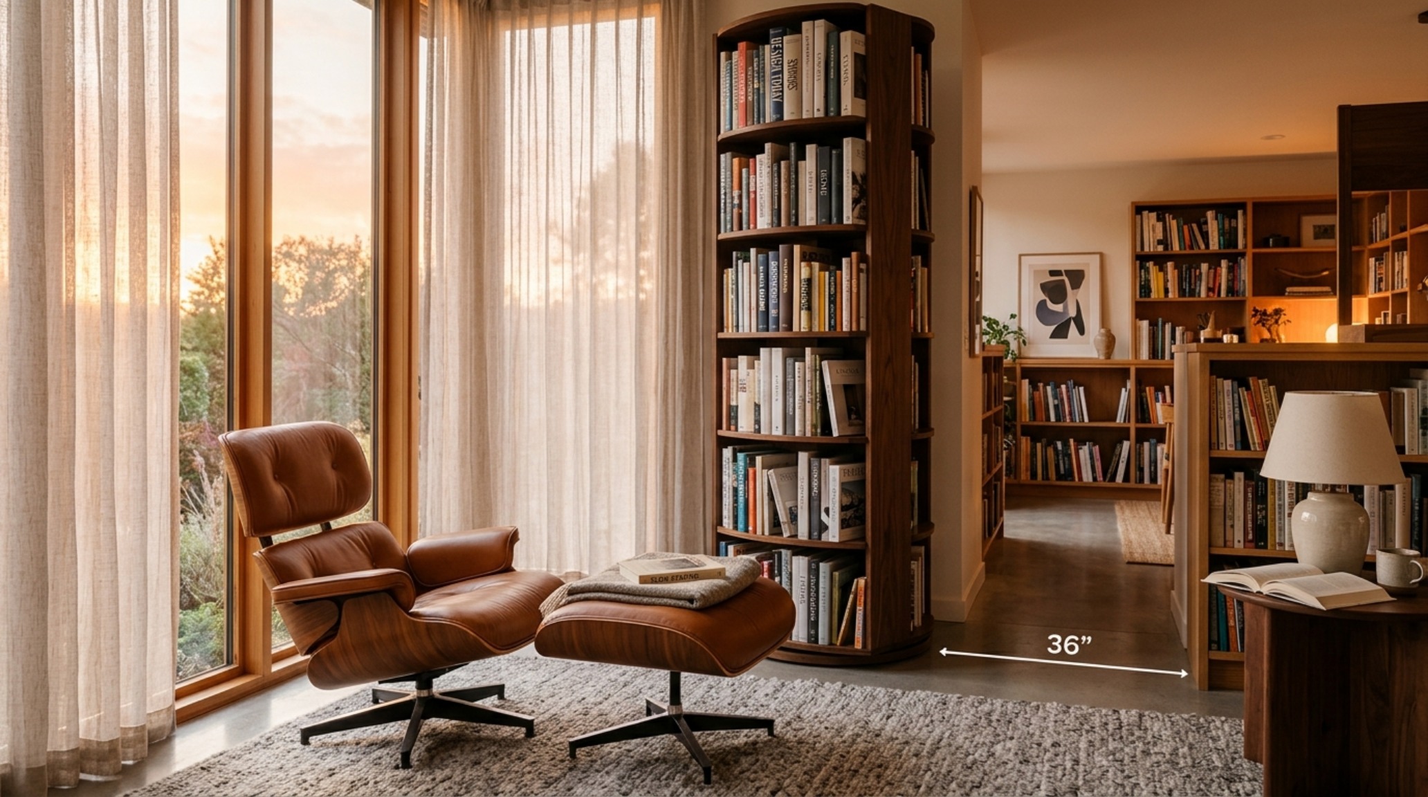 A wide-angle editorial shot of a living room library corner with 36-inch clearances, highlighting the spatial flow between a rotating tower and horizontal floating accents.