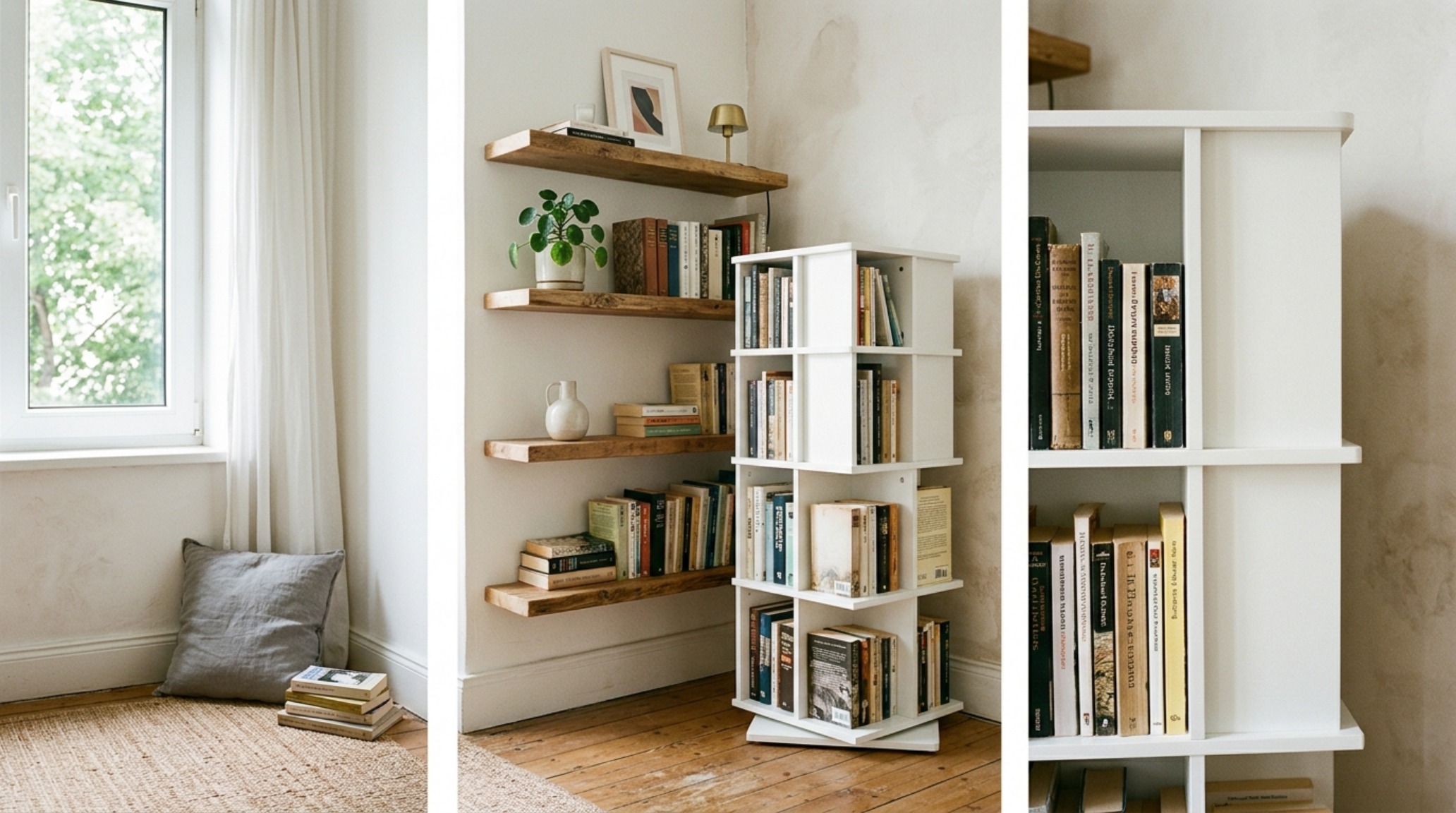 Minimalist book storage solution featuring a viral rotating bookshelf and floating shelves that utilize vertical space in a small, luxury urban apartment.