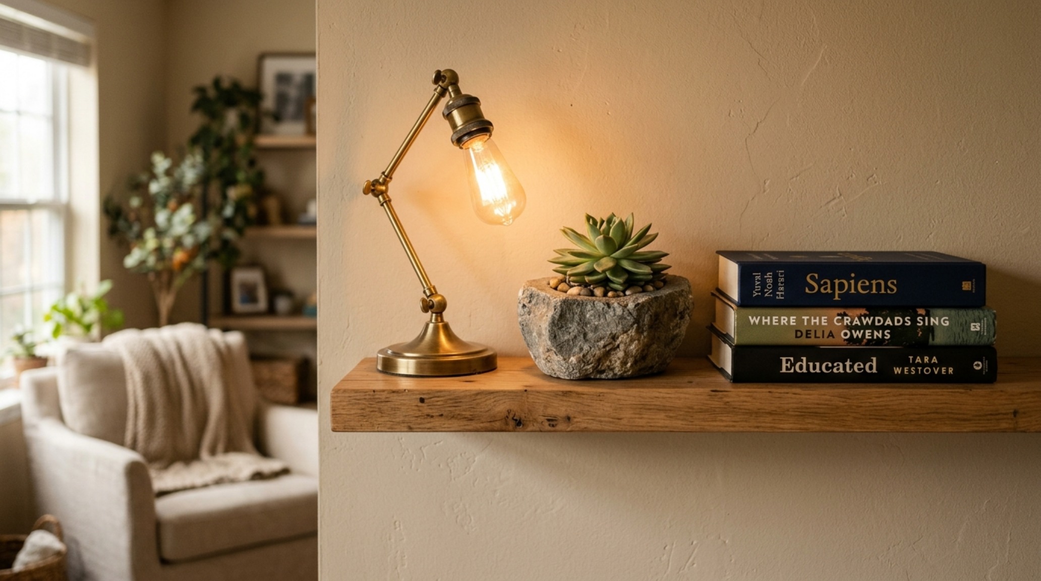 A curated display on asymmetrical floating shelves decor featuring hand-thrown ceramics and vintage literature in a high-CRI lit environment.