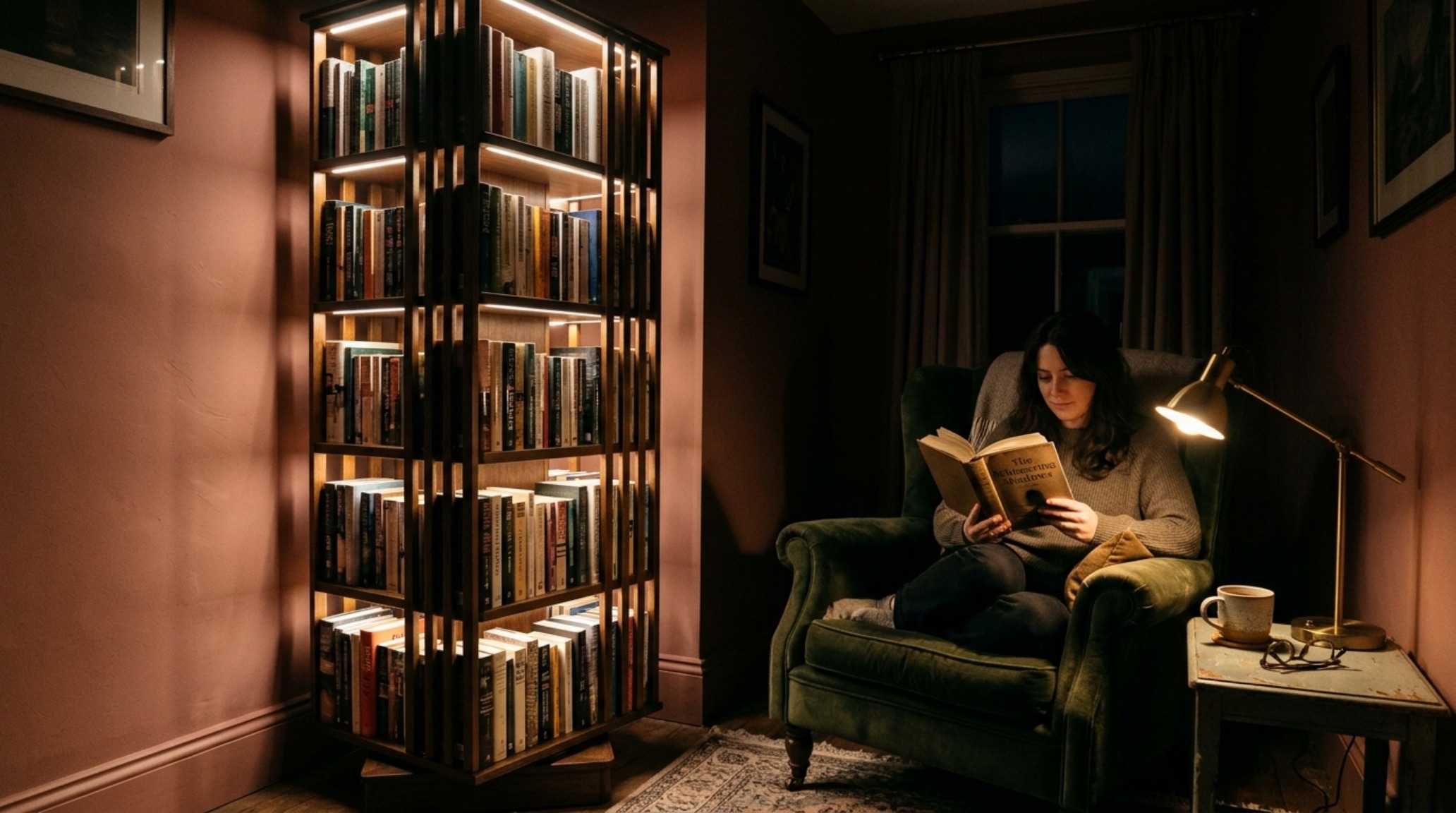 Evening perspective of a luxury reading sanctuary where warm ambient lighting highlights the texture of timber and the depth of earthy wall tones.