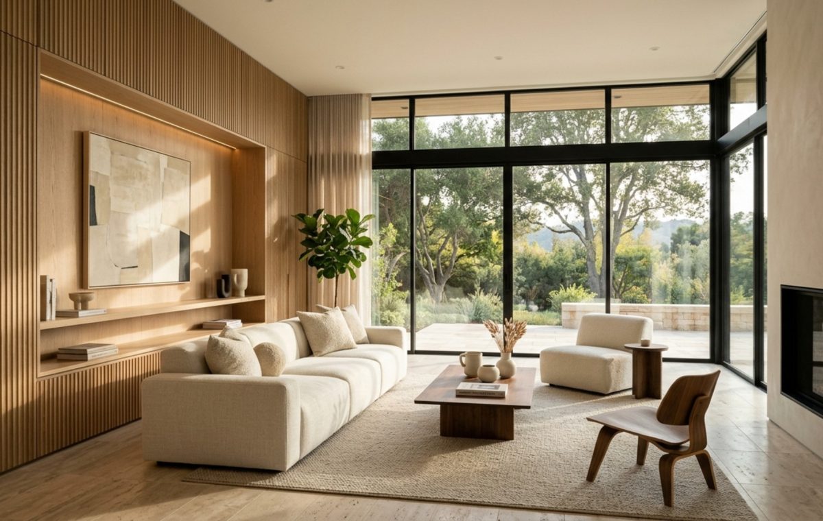 best modern house designs 2025 featuring a warm minimalist living room with fluted white oak walls, a low-slung linen sofa, and honed travertine floors under soft 2700K ambient lighting
