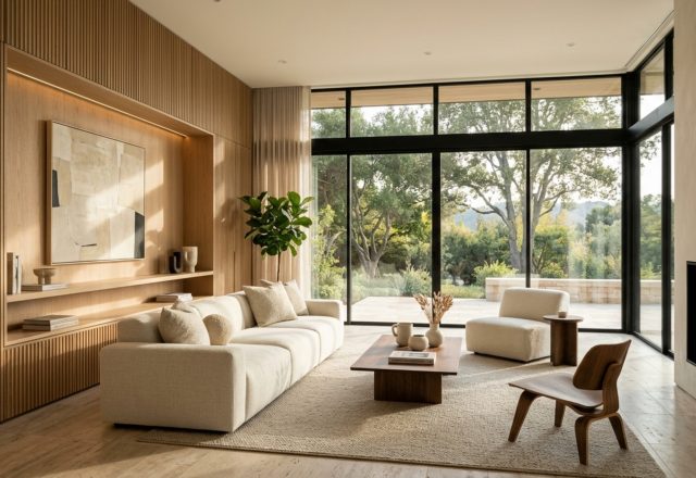 best modern house designs 2025 featuring a warm minimalist living room with fluted white oak walls, a low-slung linen sofa, and honed travertine floors under soft 2700K ambient lighting