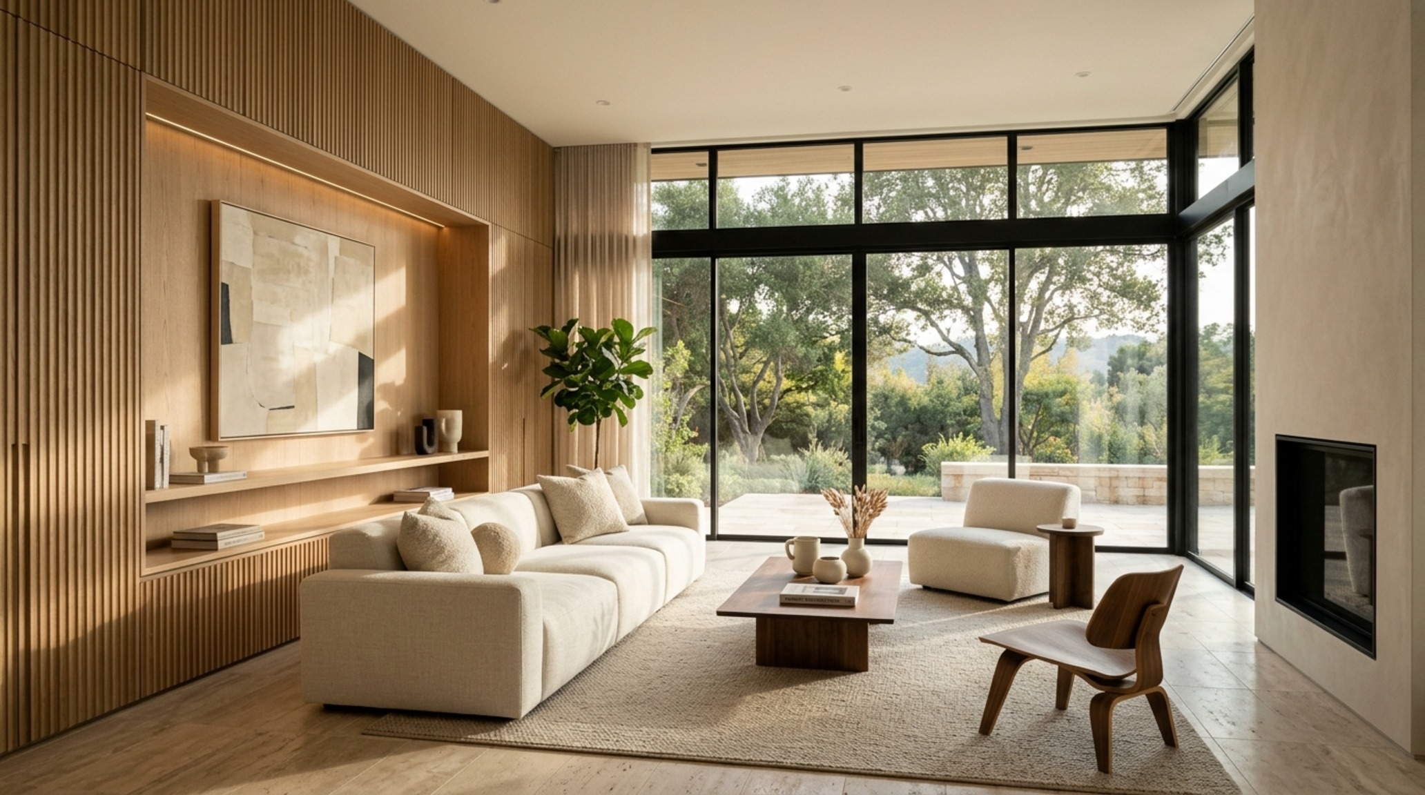 best modern house designs 2025 featuring a warm minimalist living room with fluted white oak walls, a low-slung linen sofa, and honed travertine floors under soft 2700K ambient lighting best modern house designs 2025 featuring a warm minimalist living room with fluted white oak walls, a low-slung linen sofa, and honed travertine floors under soft 2700K ambient lighting
