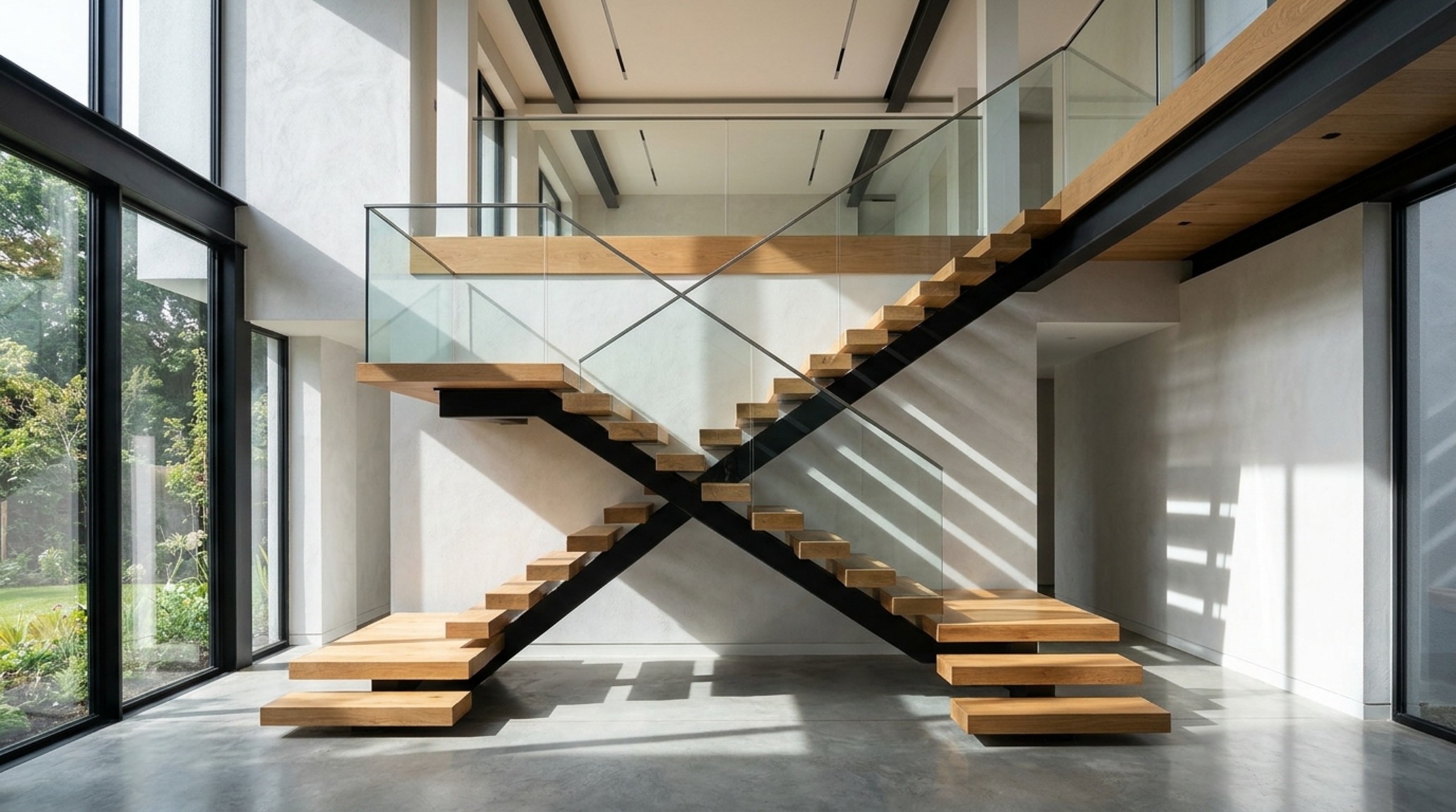 spatial flow in architecture depicted in a sculptural floating staircase made of steel and oak, maintaining visual transparency across a double-height entryway spatial flow in architecture depicted in a sculptural floating staircase made of steel and oak, maintaining visual transparency across a double-height entryway