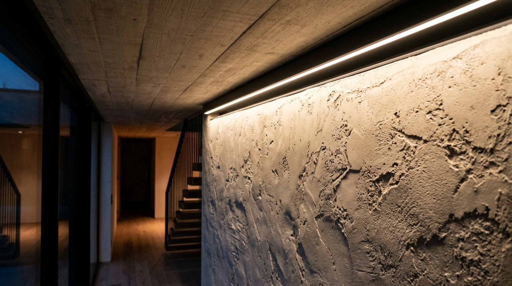 modern house lighting ideas showcasing recessed linear LED ceiling channels and hidden wall-washers illuminating a raw concrete texture with high CRI 90+ accuracy modern house lighting ideas showcasing recessed linear LED ceiling channels and hidden wall-washers illuminating a raw concrete texture with high CRI 90+ accuracy