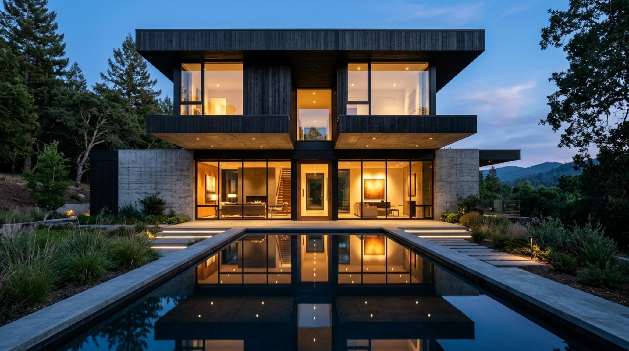 luxury home exterior photography of a cantilevered concrete residence at dusk, highlighting the warm interior glow against charred cedar cladding and a reflecting pool luxury home exterior photography of a cantilevered concrete residence at dusk, highlighting the warm interior glow against charred cedar cladding and a reflecting pool