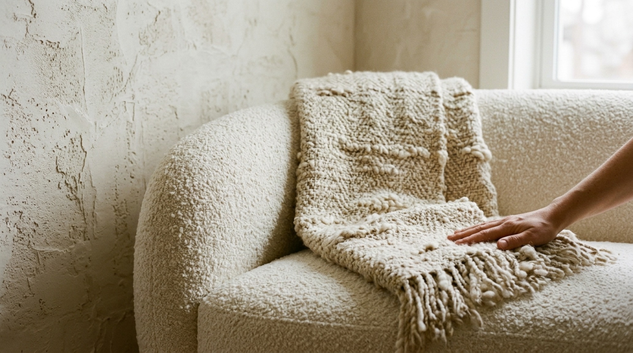 warm minimalist home decor highlighting a close-up of tactile materials including bouclé wool cushions, a hand-knotted jute rug, and a matte-finish clay wall warm minimalist home decor highlighting a close-up of tactile materials including bouclé wool cushions, a hand-knotted jute rug, and a matte-finish clay wall