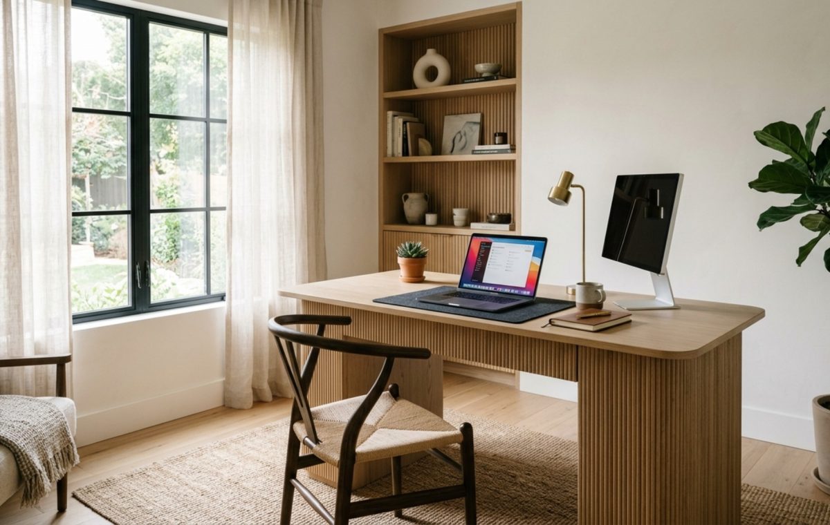 productivity-driven interior design featuring a 'Command Position' layout with a white oak desk and large window for soft, directional natural light.