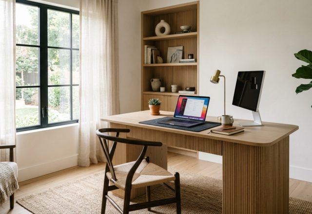 productivity-driven interior design featuring a 'Command Position' layout with a white oak desk and large window for soft, directional natural light.