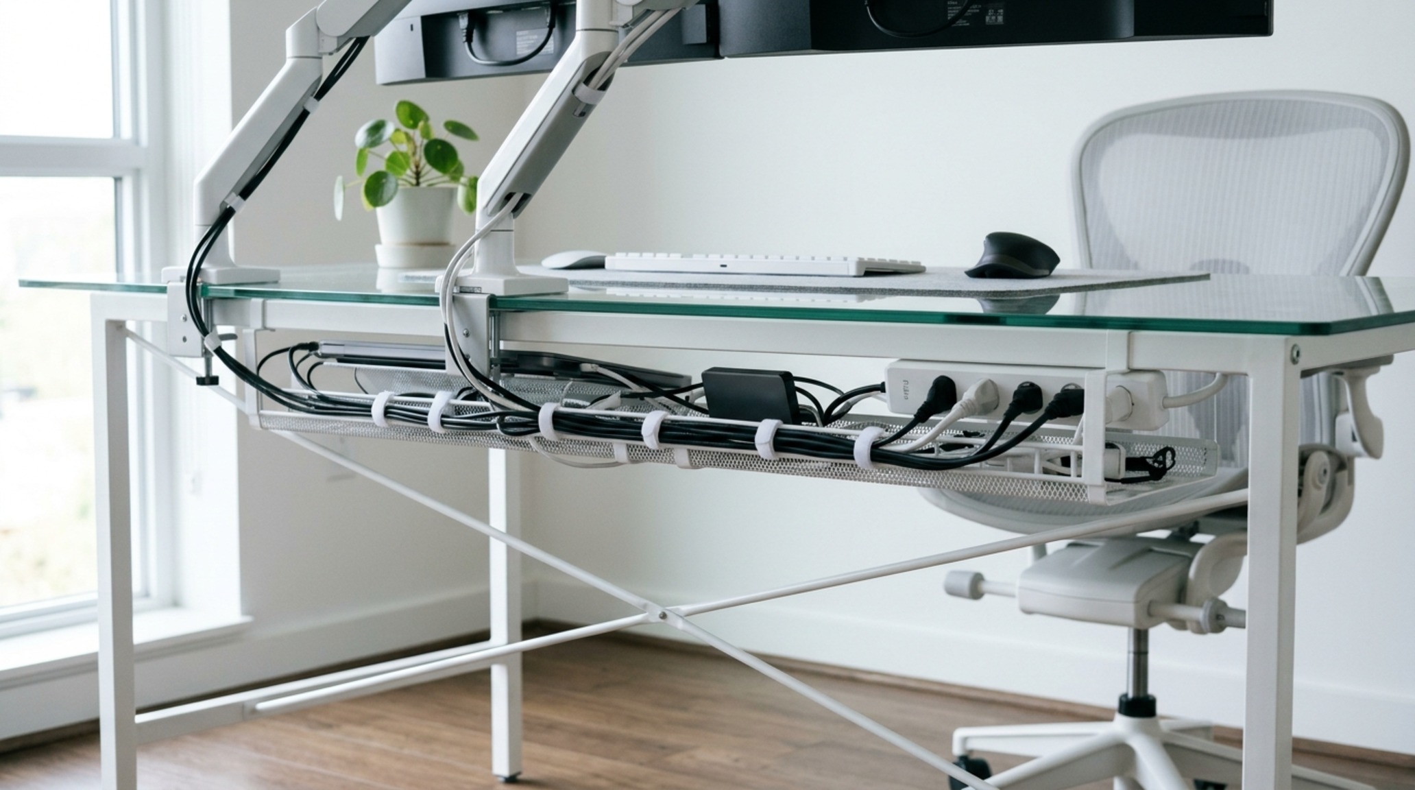 cable management solutions featuring under-desk cord trays and magnetic clips to organize a multi-monitor workstation.