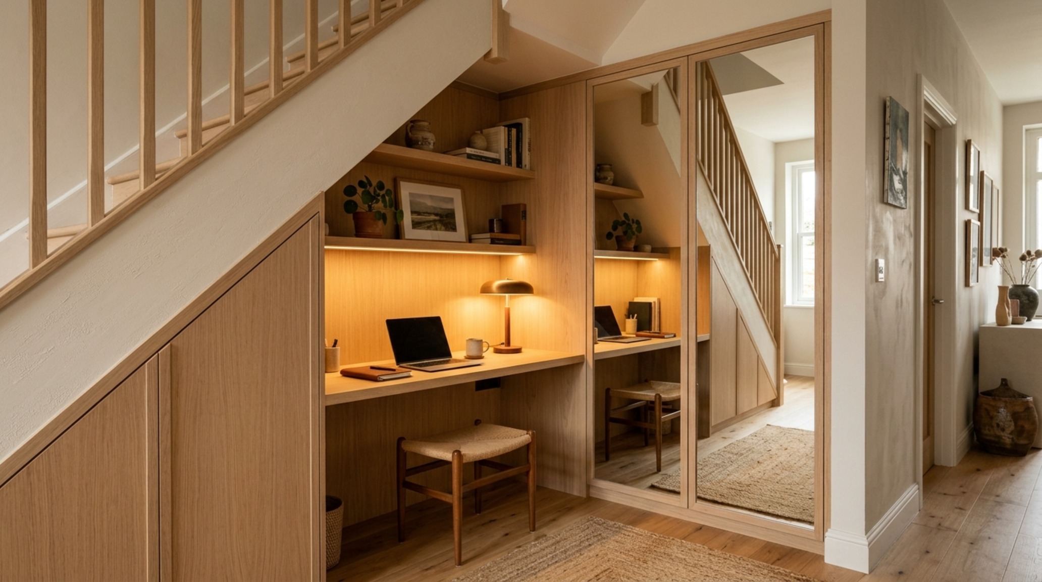 small home office ideas for a closet conversion featuring high-gloss paint, built-in task lighting, and a compact ergonomic stool.