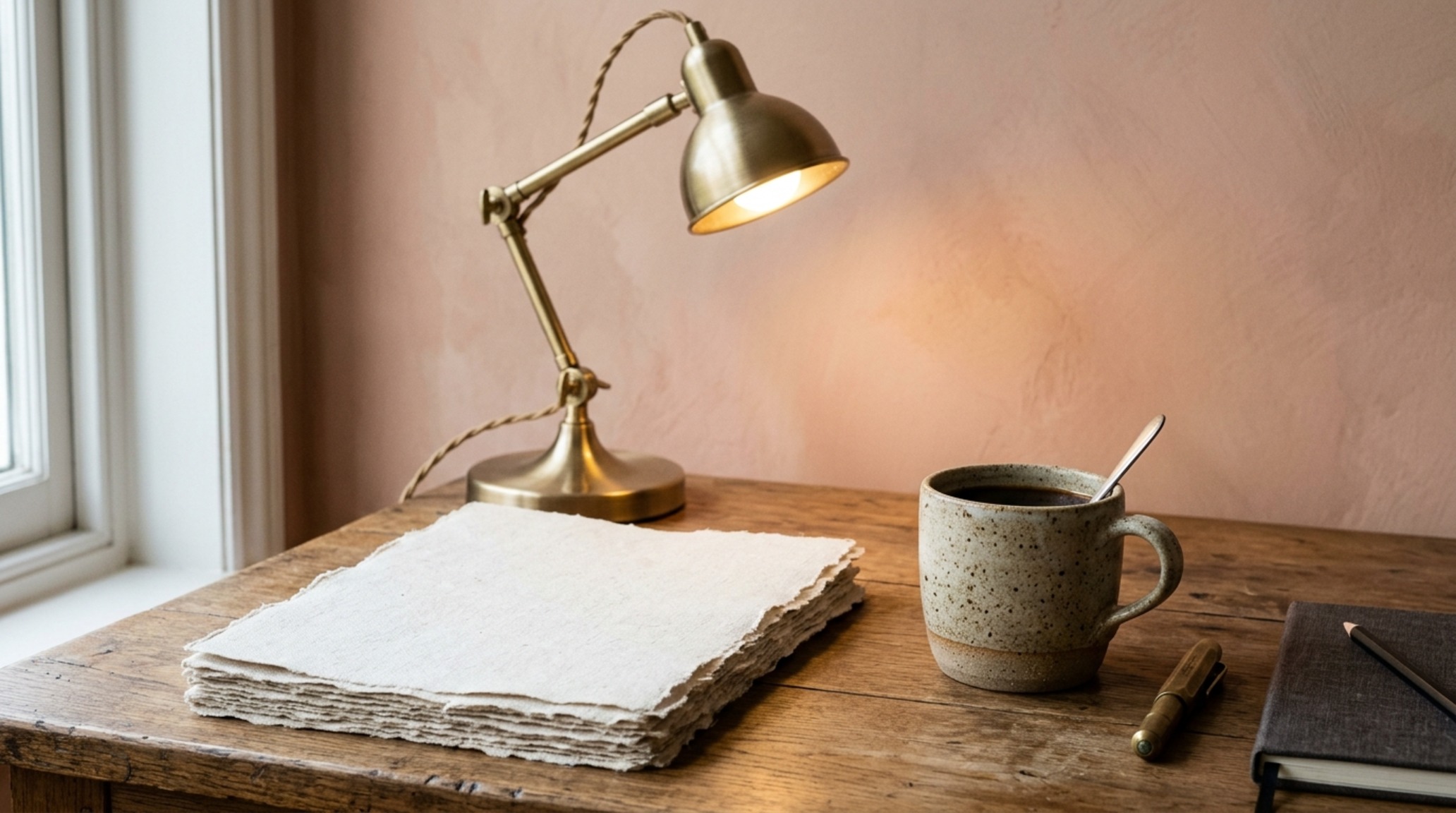 minimalist office decor showcasing a close-up of tactile materials including a linen pinboard, ceramic tray, and 3000K warm task lighting.