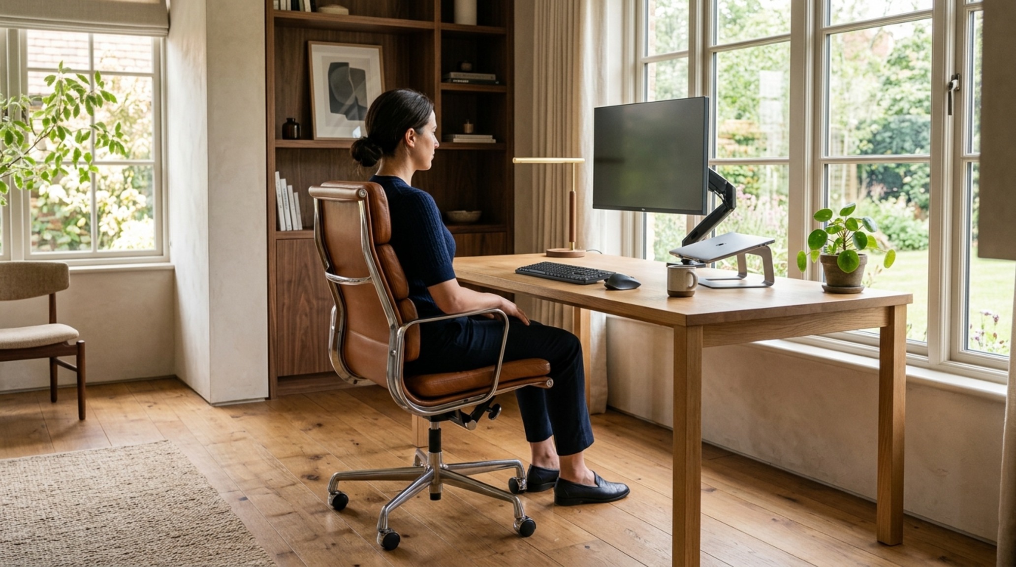 ergonomics for home office with a high-performance leather swivel chair positioned for 90-degree alignment in a sun-drenched architectural niche.