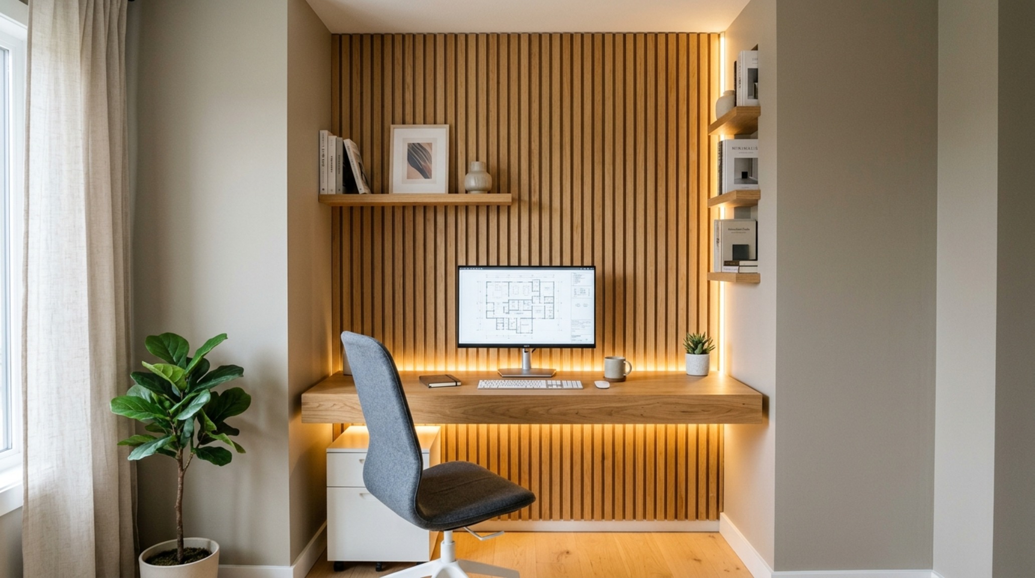 small home office ideas utilizing a narrow corner with a built-in desk, vertical shelving, and a soft neutral color palette of Benjamin Moore Swiss Coffee.