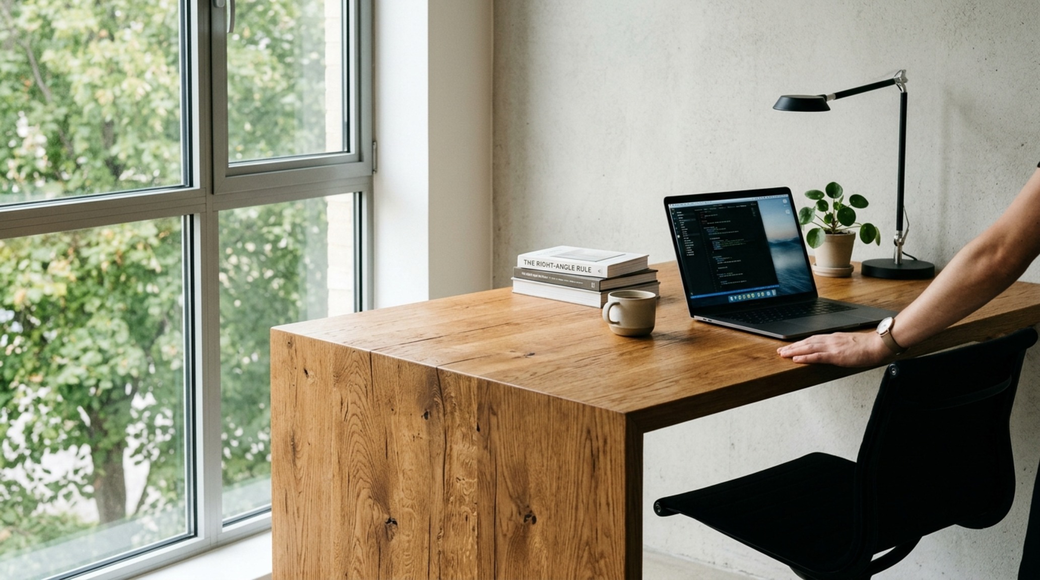 minimalist office decor highlighting the 'Right-Angle Rule' with light hitting the desk from the side to reduce screen glare and eye fatigue.