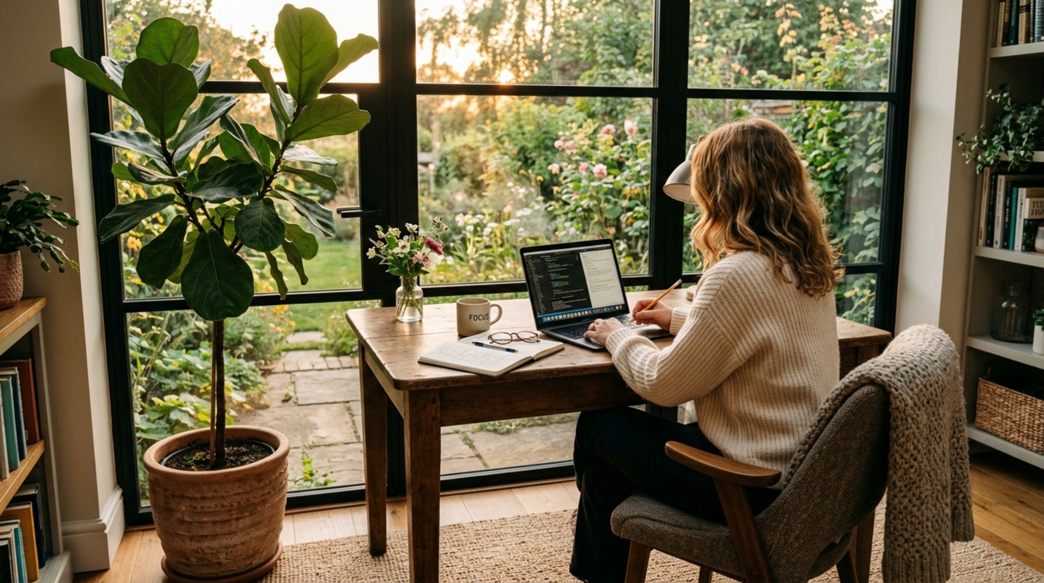 productivity-driven interior design incorporating biophilic elements like a large potted olive tree and natural wood textures to lower cortisol levels.