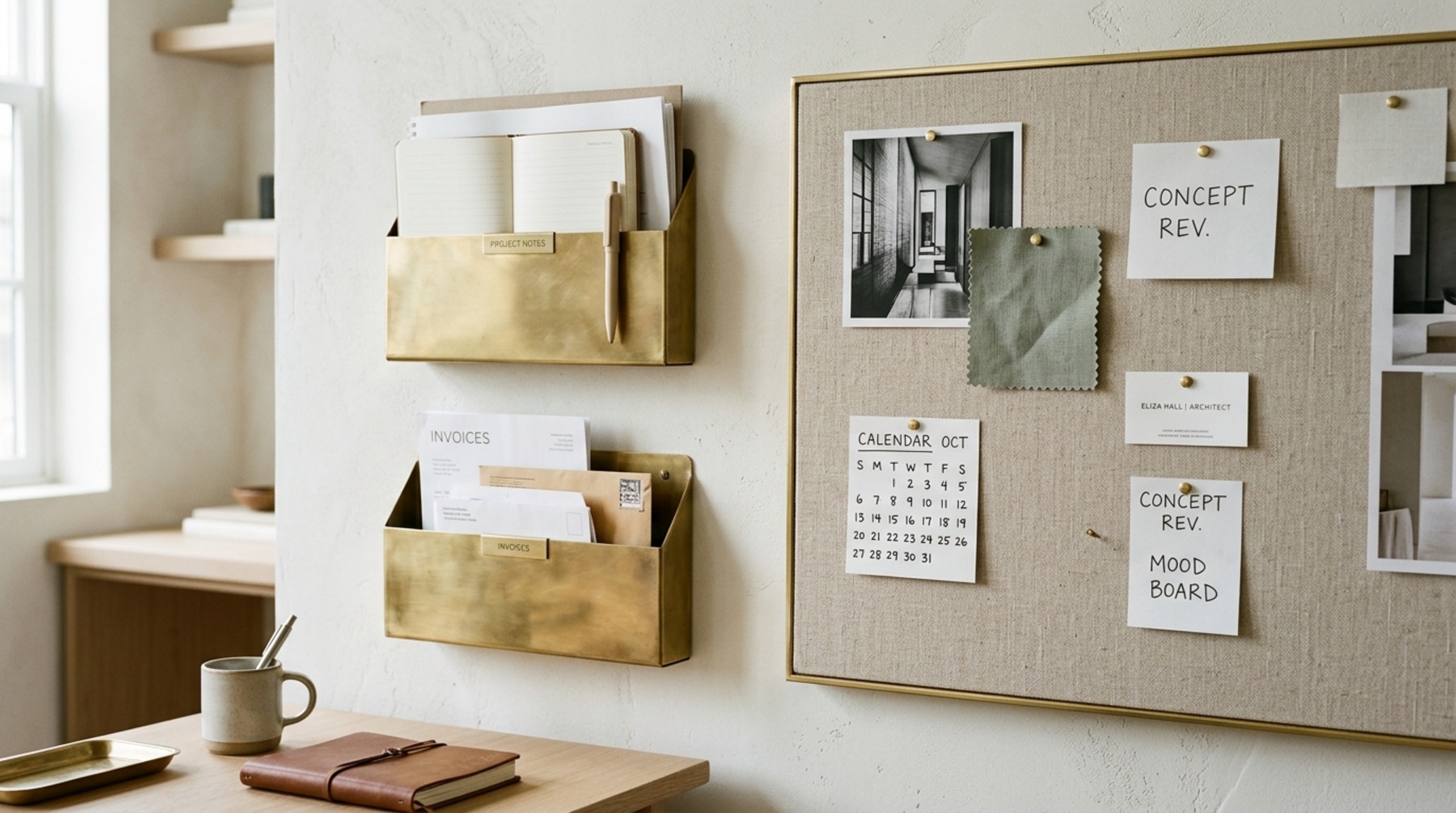 vertical storage for office featuring wall-mounted metal bins for 'action-based' filing and current project organization.
