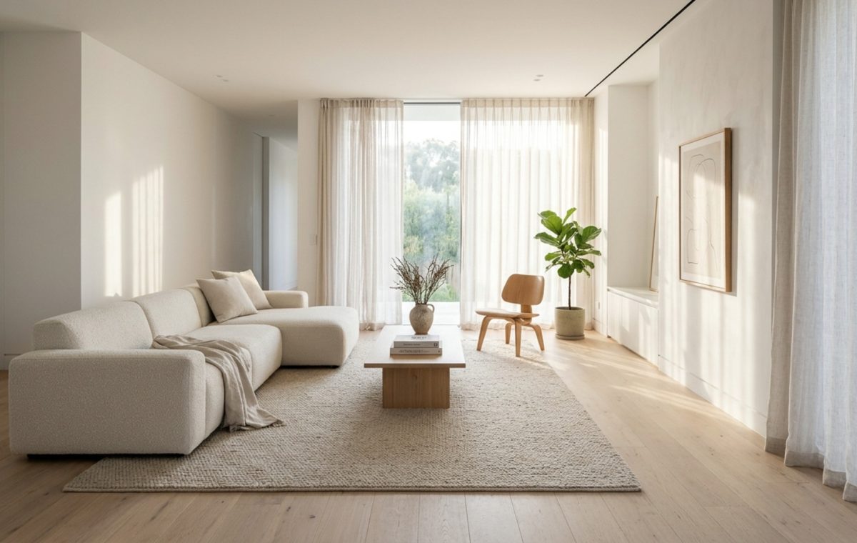 minimalist furnitures arranged in an airy living room with white oak flooring and sheer linen drapes for a soft atmospheric glow