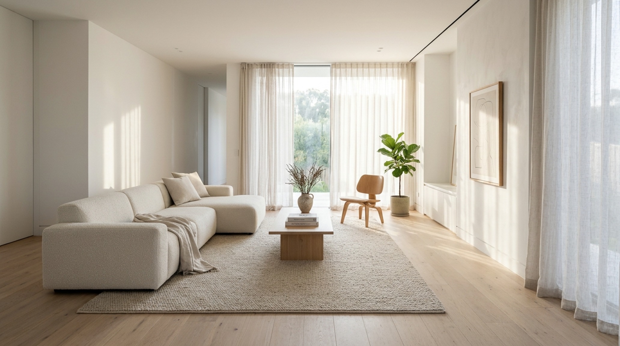 minimalist furnitures arranged in an airy living room with white oak flooring and sheer linen drapes for a soft atmospheric glow minimalist furnitures arranged in an airy living room with white oak flooring and sheer linen drapes for a soft atmospheric glow