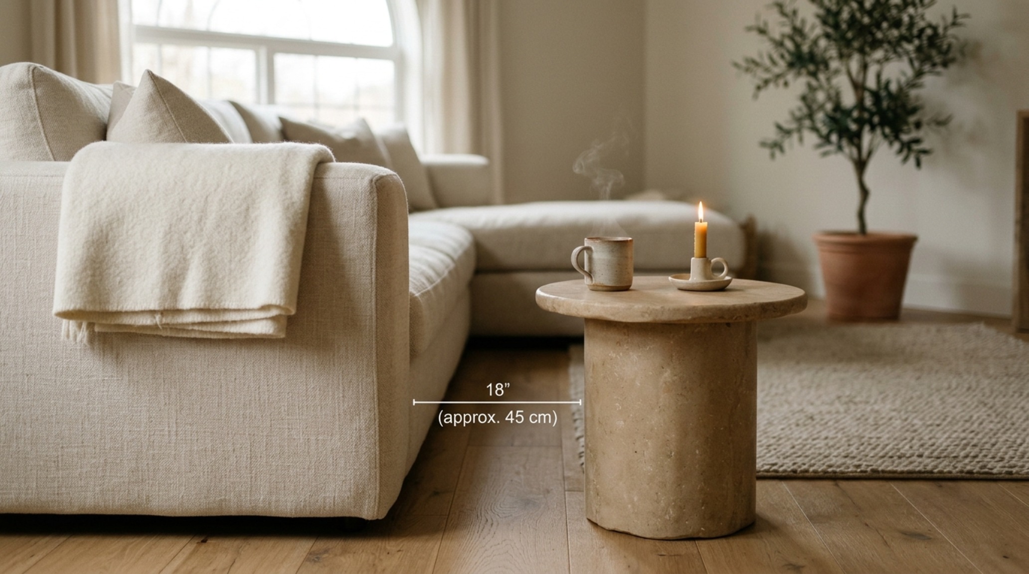 minimalist living room layout with an 18-inch reach from a low-slung linen sofa to a hand-carved stone side table minimalist living room layout with an 18-inch reach from a low-slung linen sofa to a hand-carved stone side table