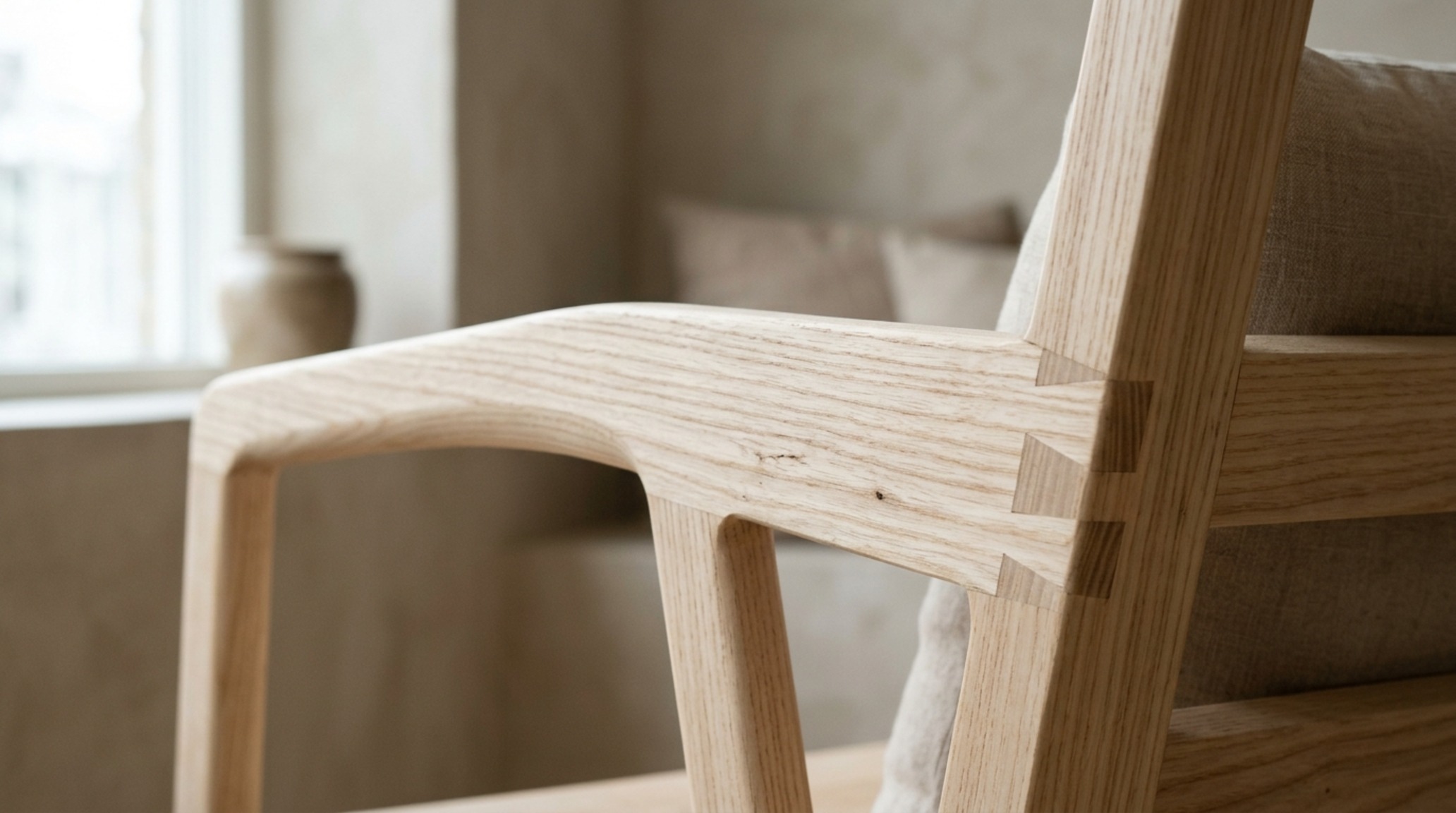Japandi furniture aesthetic featuring a low-profile lounge chair in solid ash wood with visible joinery and a matte oil finish Japandi furniture aesthetic featuring a low-profile lounge chair in solid ash wood with visible joinery and a matte oil finish