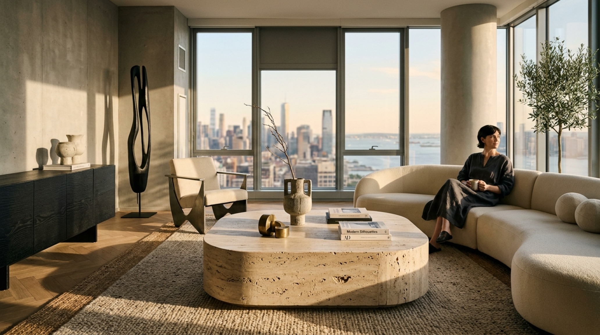 sculptural modern silhouettes of a monolithic travertine coffee table positioned in a light-filled open-plan living area sculptural modern silhouettes of a monolithic travertine coffee table positioned in a light-filled open-plan living area