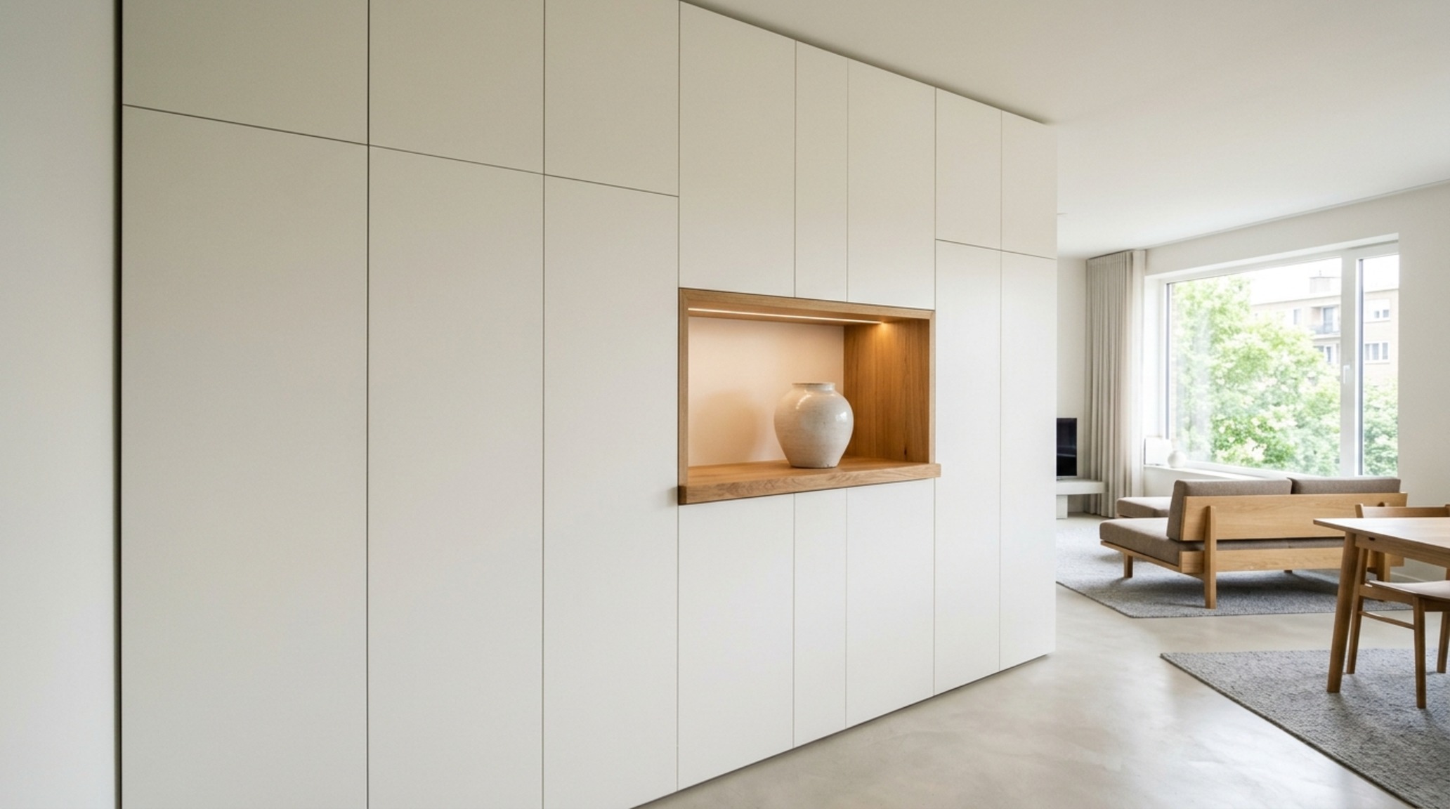 multifunctional storage solutions with seamless floor-to-ceiling cabinetry finished in Benjamin Moore Swiss Coffee for a hidden look multifunctional storage solutions with seamless floor-to-ceiling cabinetry finished in Benjamin Moore Swiss Coffee for a hidden look