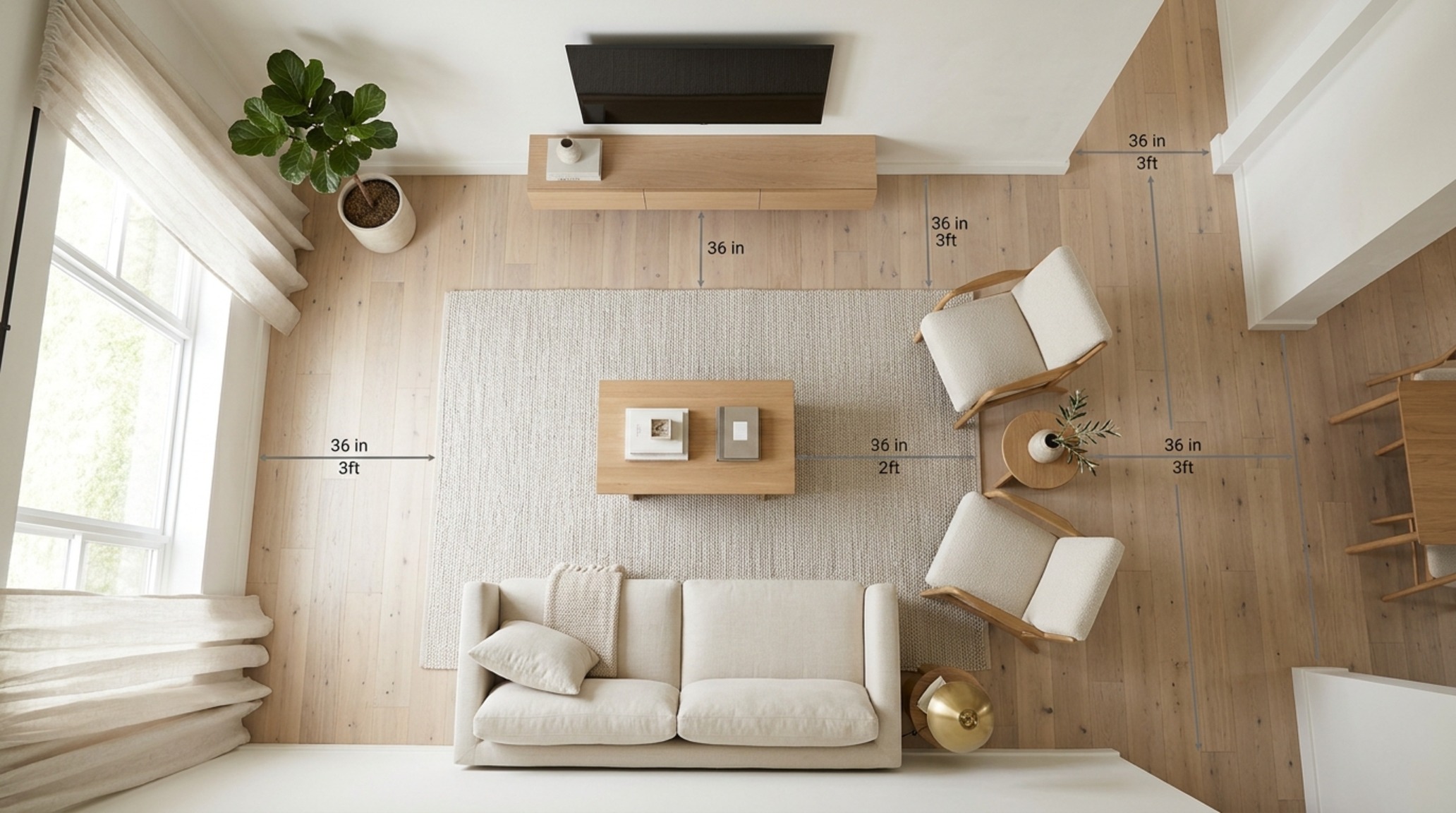 minimalist living room layout showing the 36-inch walkway clearance between a bouclé sofa and a minimalist oak sideboard minimalist living room layout showing the 36-inch walkway clearance between a bouclé sofa and a minimalist oak sideboard