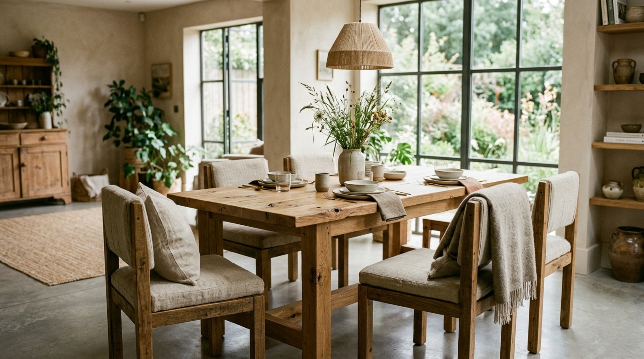 sustainable design materials including a reclaimed elm dining table and vegetable-tanned leather chairs in a neutral palette sustainable design materials including a reclaimed elm dining table and vegetable-tanned leather chairs in a neutral palette