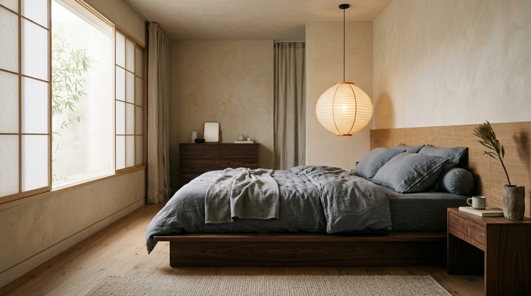 Japandi furniture aesthetic bedroom with a floating timber bed frame and soft 2700K warm ambient bedside lighting Japandi furniture aesthetic bedroom with a floating timber bed frame and soft 2700K warm ambient bedside lighting