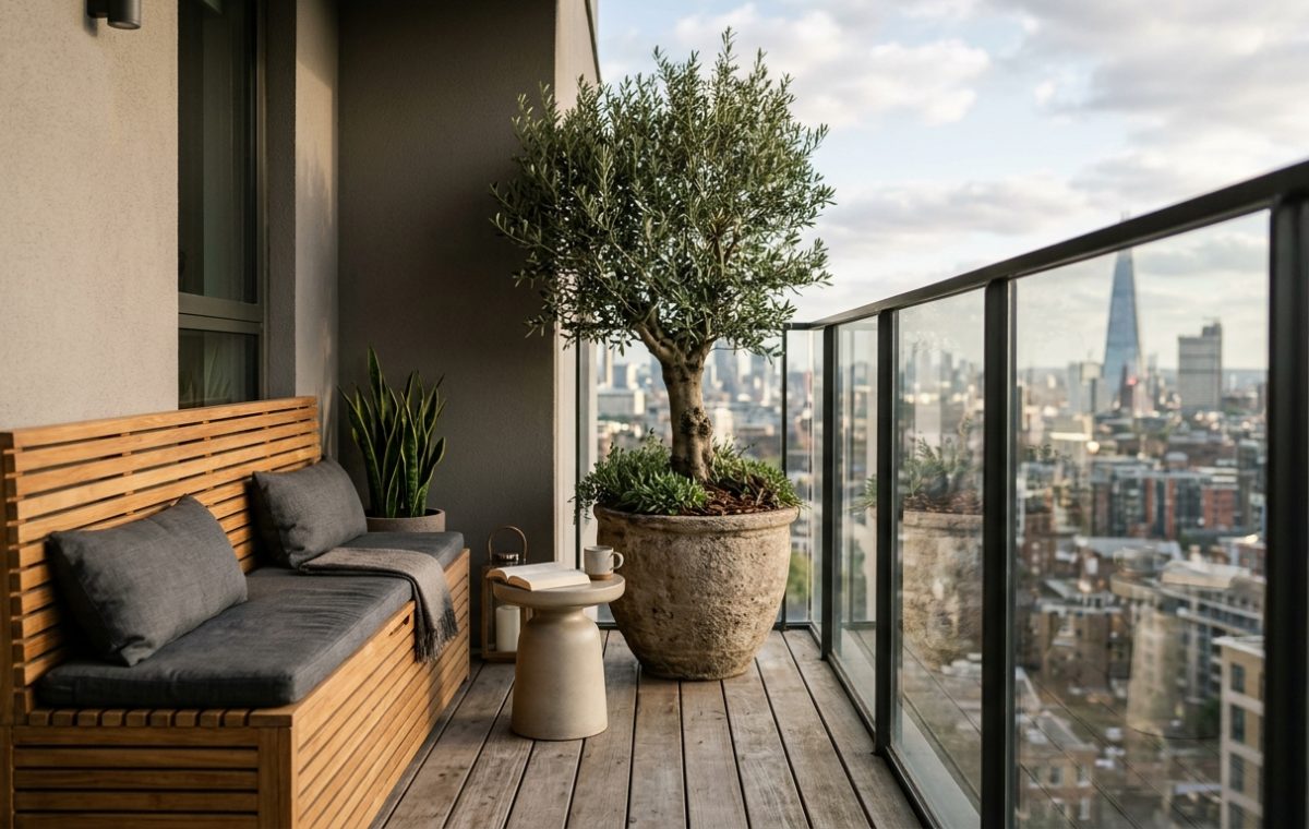 A luxury small apartment balcony featuring a custom slatted timber storage bench and an olive tree in a stone planter, afternoon sun creating linear shadows.