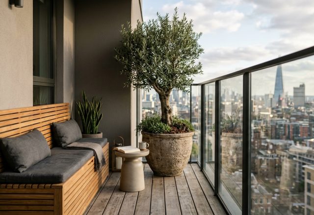 A luxury small apartment balcony featuring a custom slatted timber storage bench and an olive tree in a stone planter, afternoon sun creating linear shadows.
