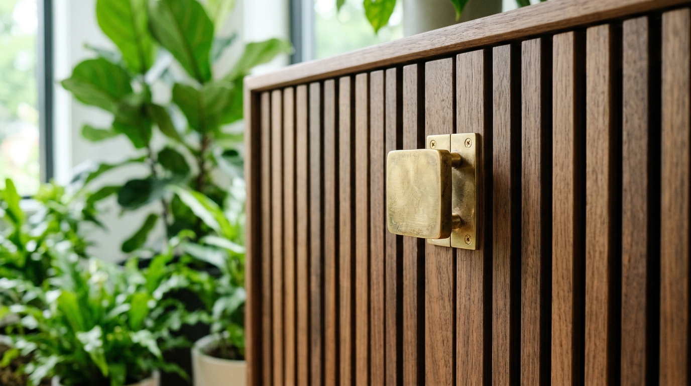 Close-up of a bespoke brass handle on a slatted timber storage unit, demonstrating high-end tactile grounding.