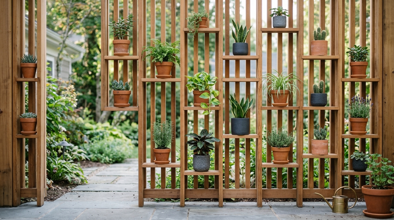 Balcony garden privacy screen with shelving featuring small terracotta pots and a curated selection of succulents.