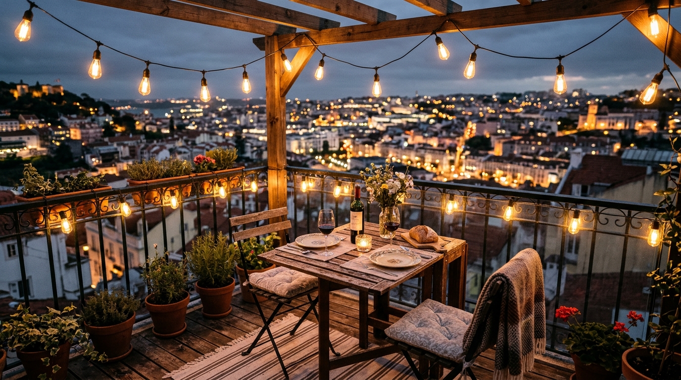 Cozy outdoor balcony string lights layout using oversized amber glass bulbs over a small dining setup.